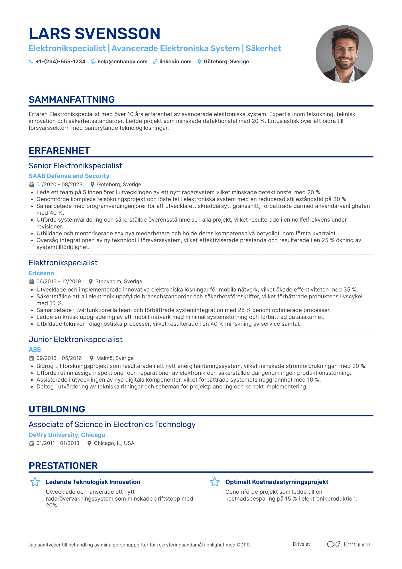 CV för Försvaret Elektronikspecialist Resume Example