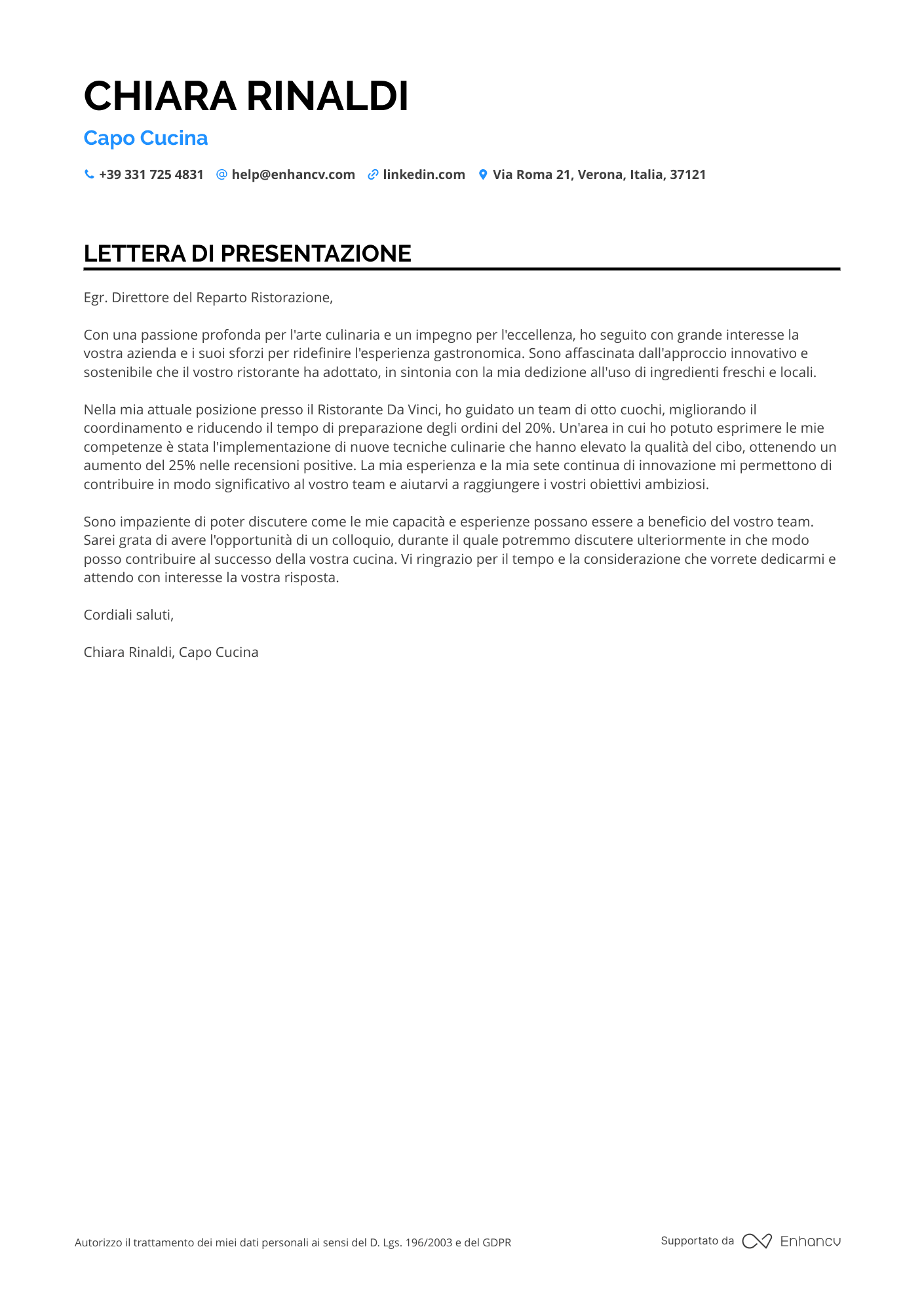 Esperto di Ristorazione Resume Example