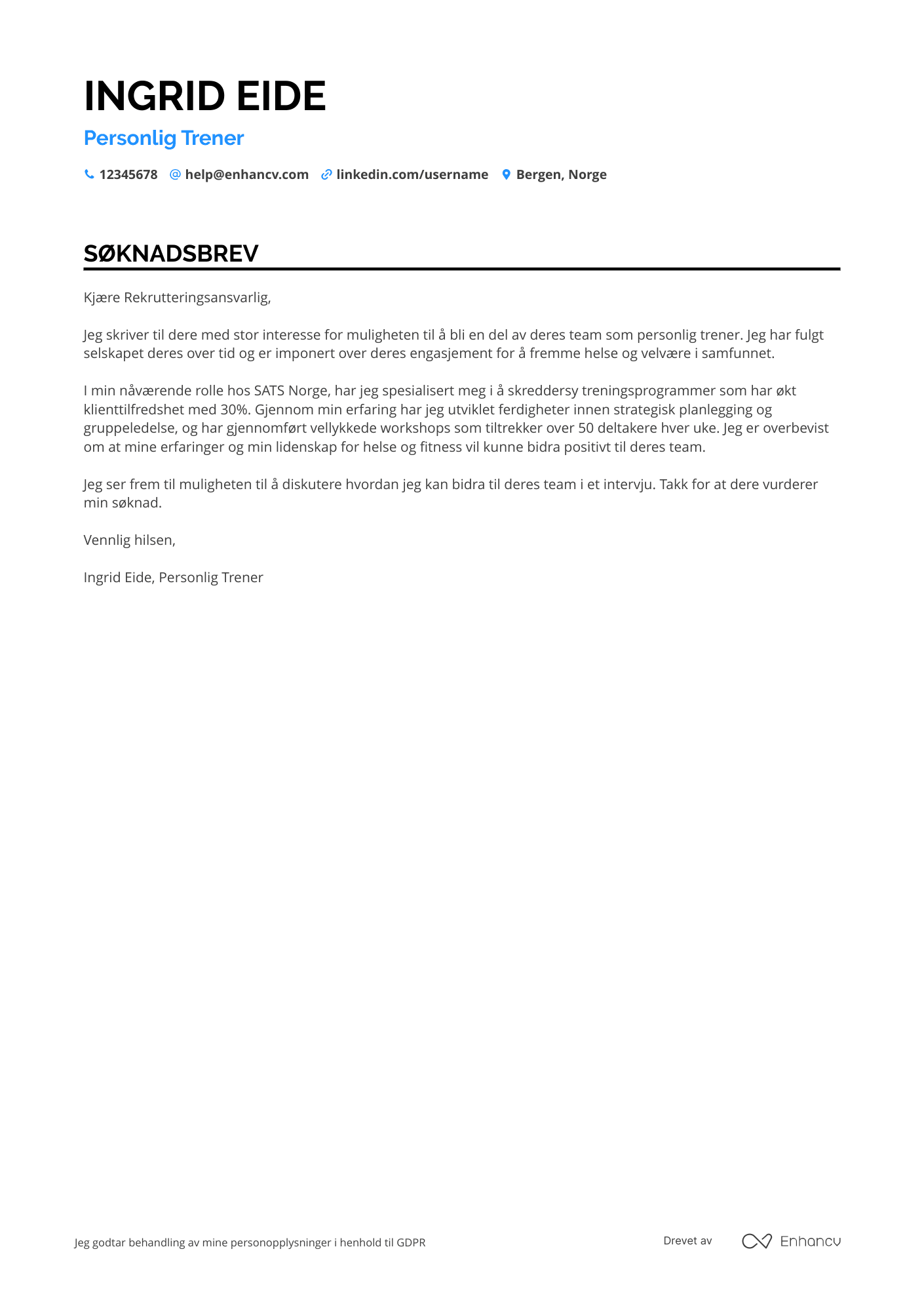 Søknadsbrev for Personlig trener i spa resort Resume Example