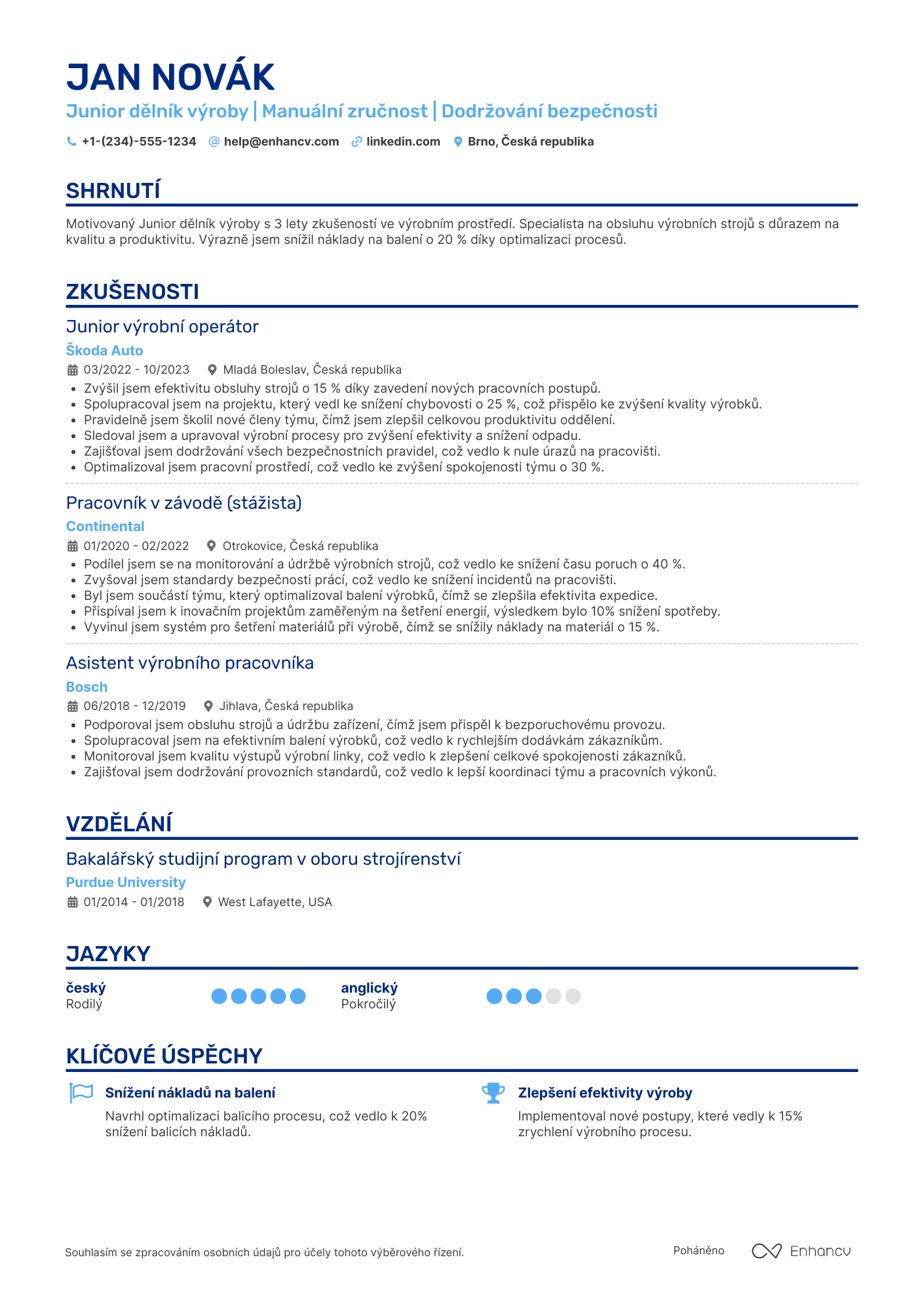 Životopis pro Junior dělník výroby Resume Example