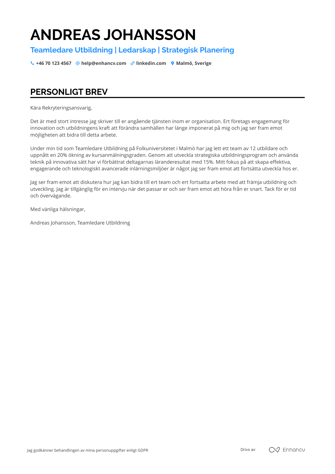 Personligt brev för Teamledare Utbildning Resume Example