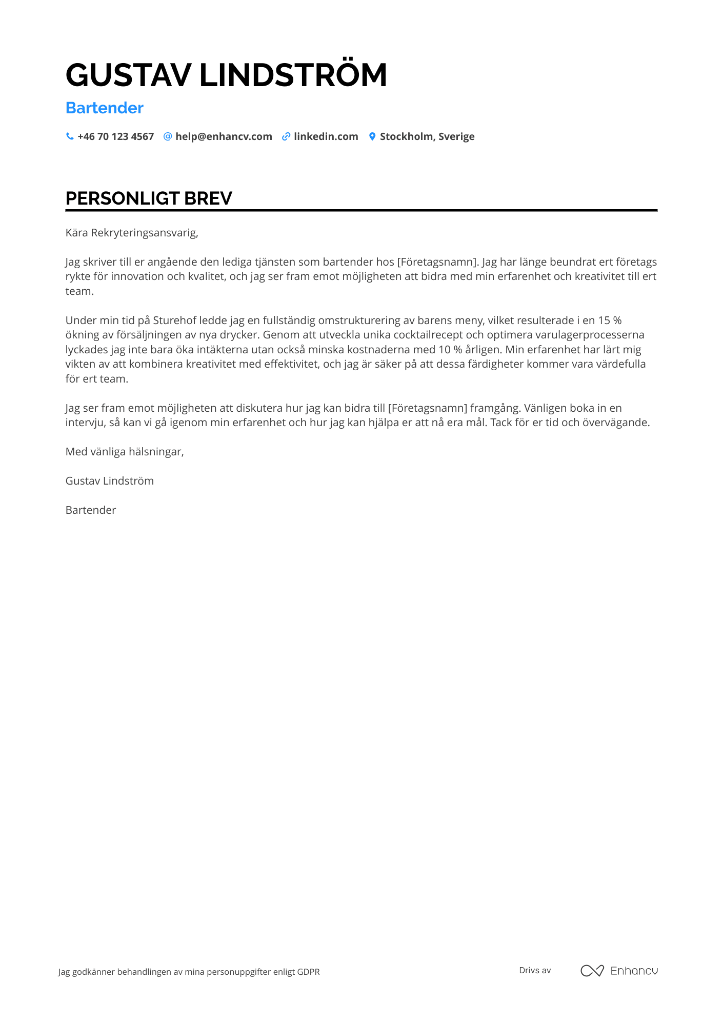 Personligt brev för Bartender Restaurangmedarbetare Resume Example