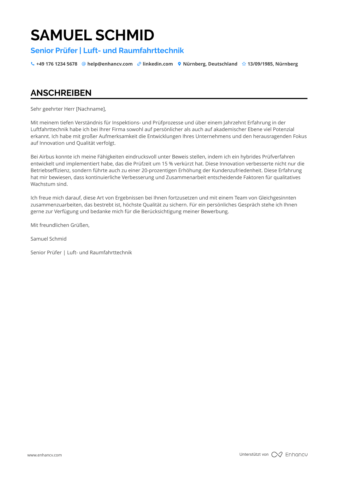 Prüfer in der Luft  und Raumfahrtindustrie Resume Example