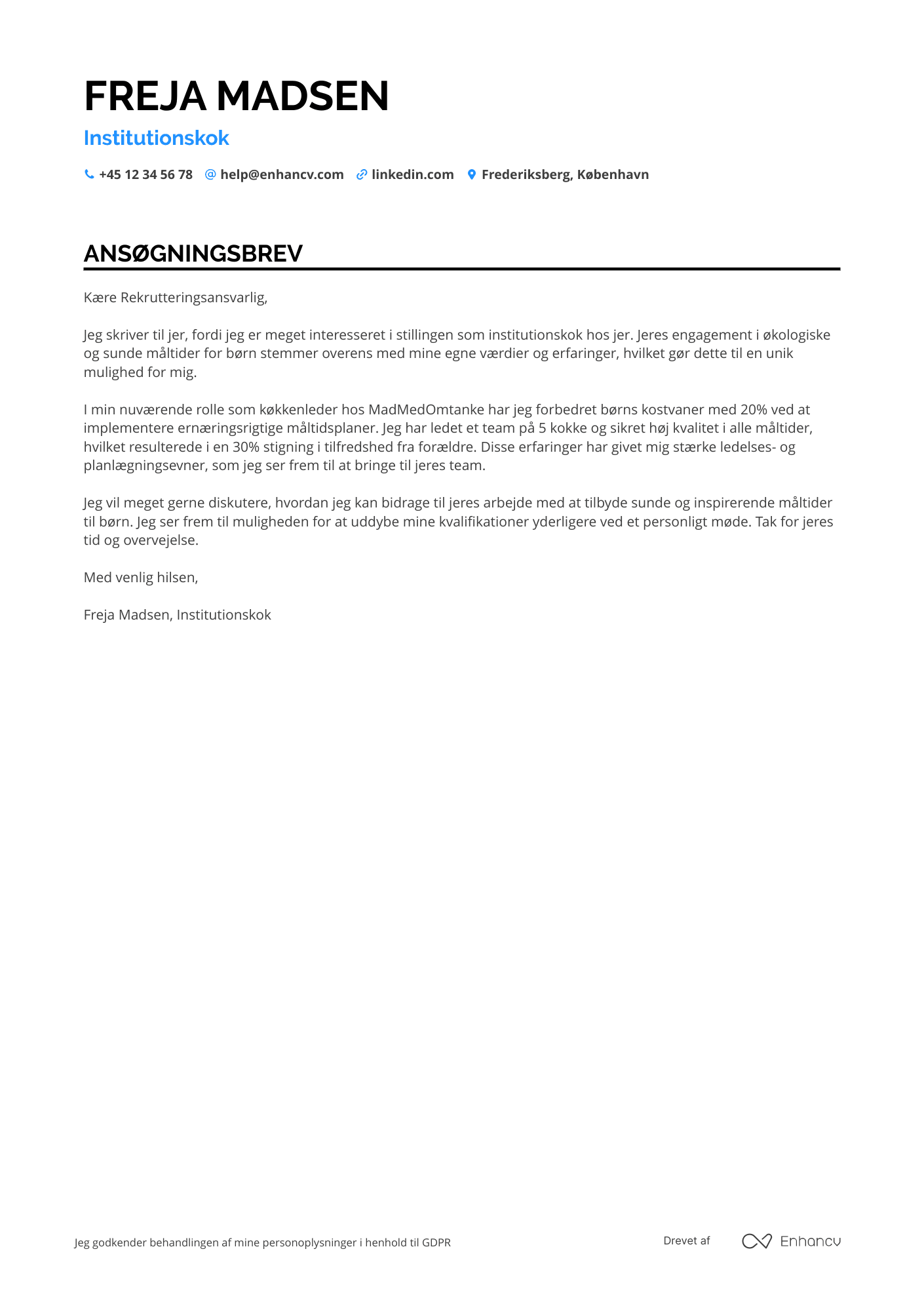 Ansøgningsbrev til Institutionskok Resume Example