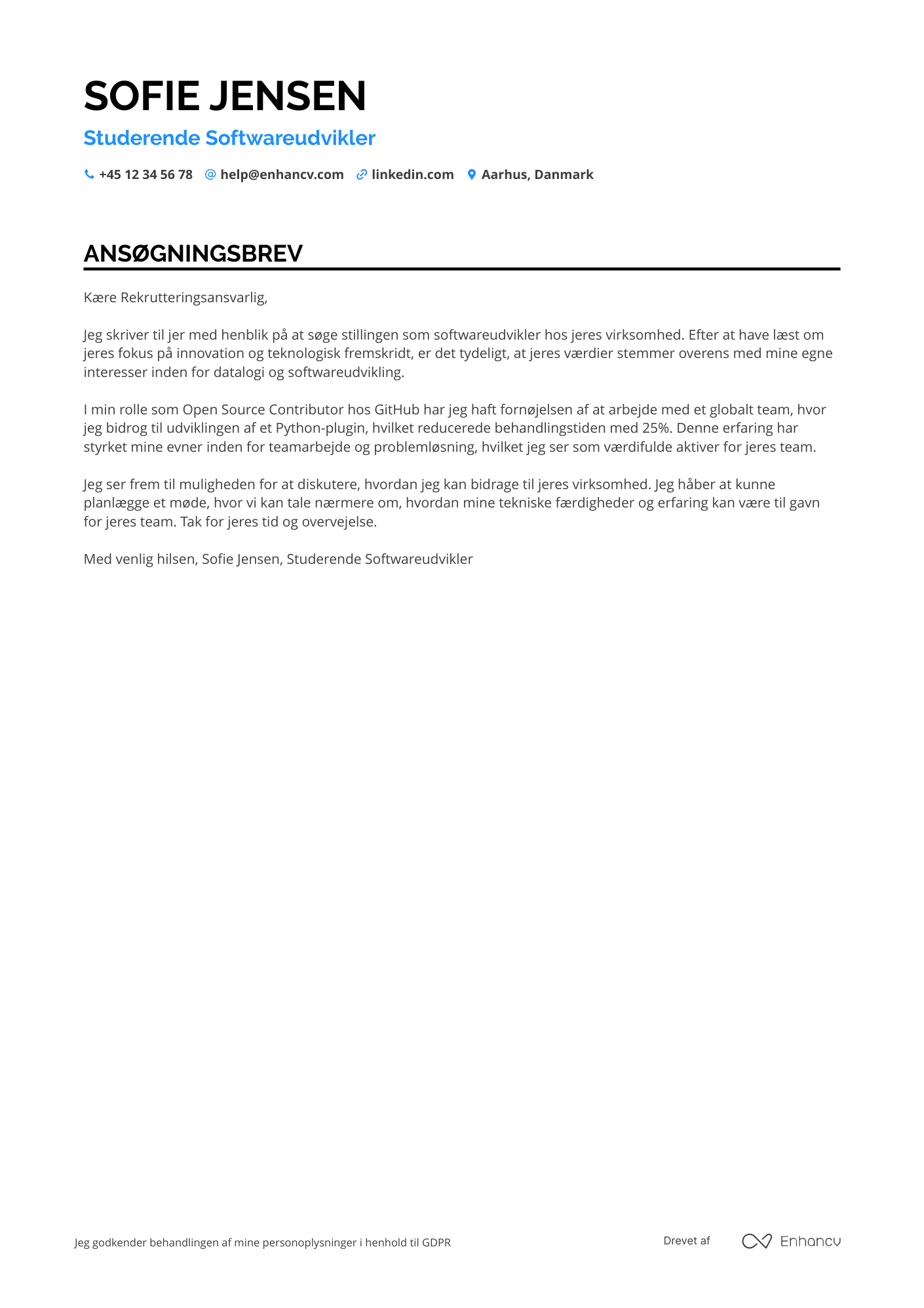 Ansøgningsbrev til Studerende Softwareudvikler Resume Example