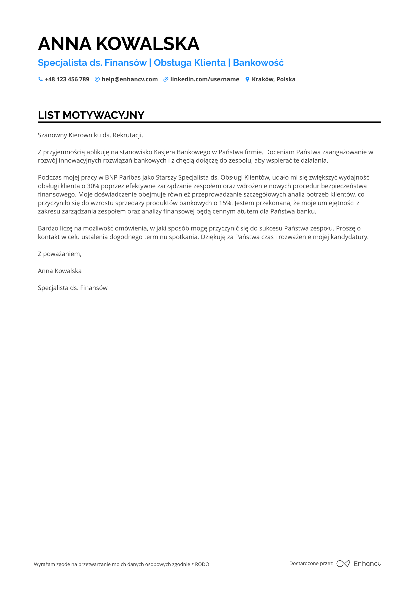 List motywacyjny dla Kasjer Bankowy Resume Example