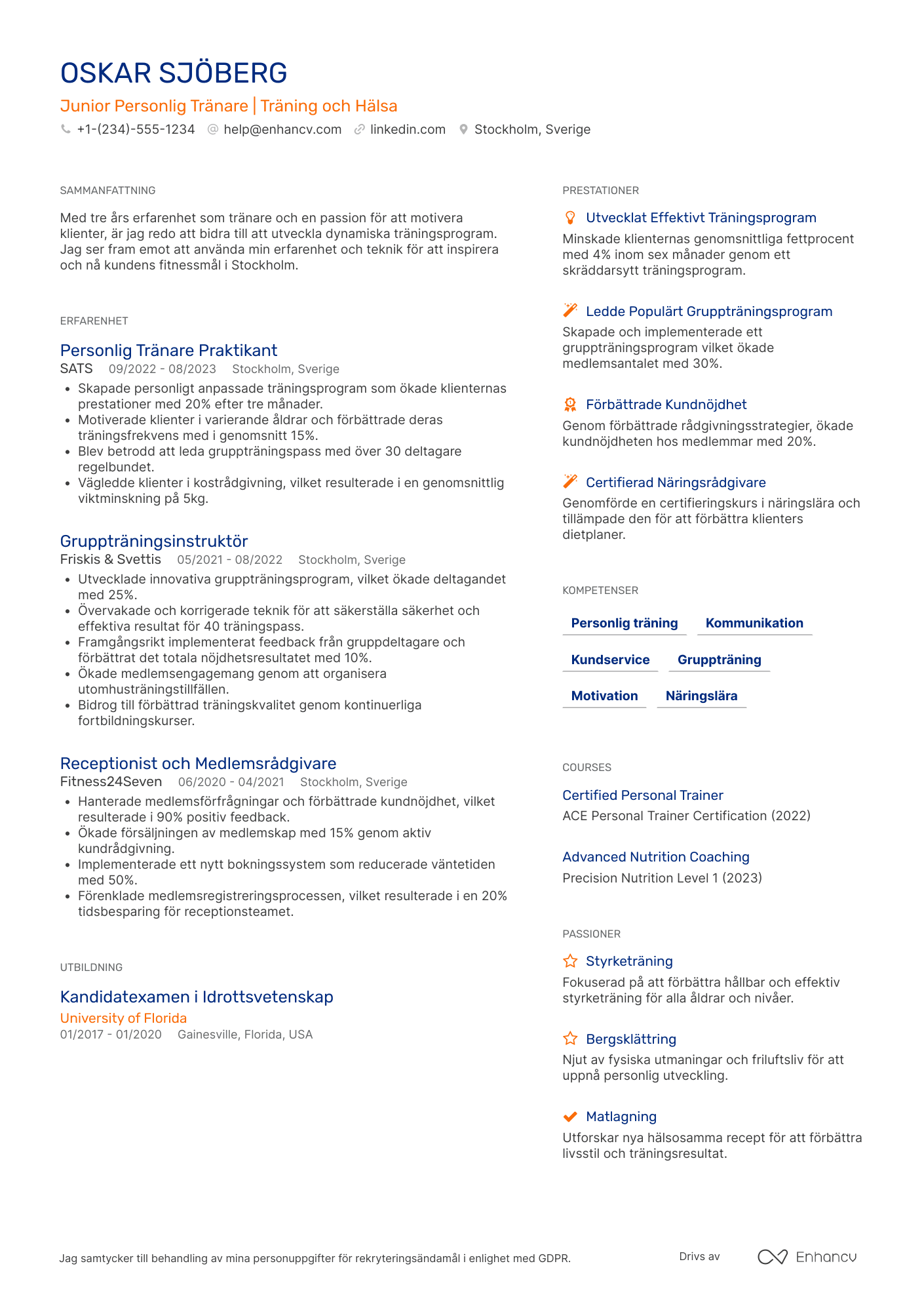 CV för Junior Personlig Tränare Resume Example