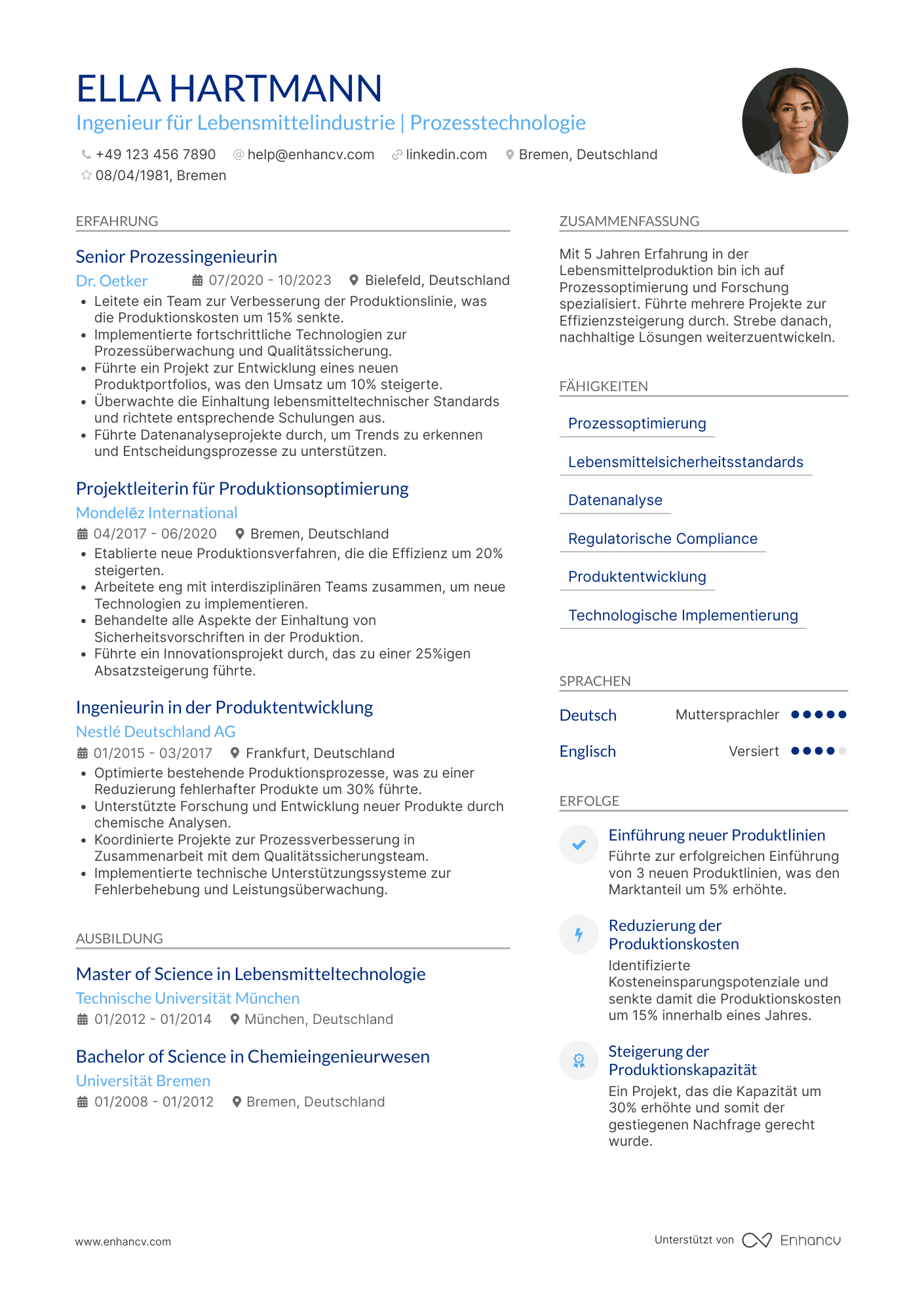 Lebenslauf in Ingenieur für Lebensmittelindustrie Resume Example