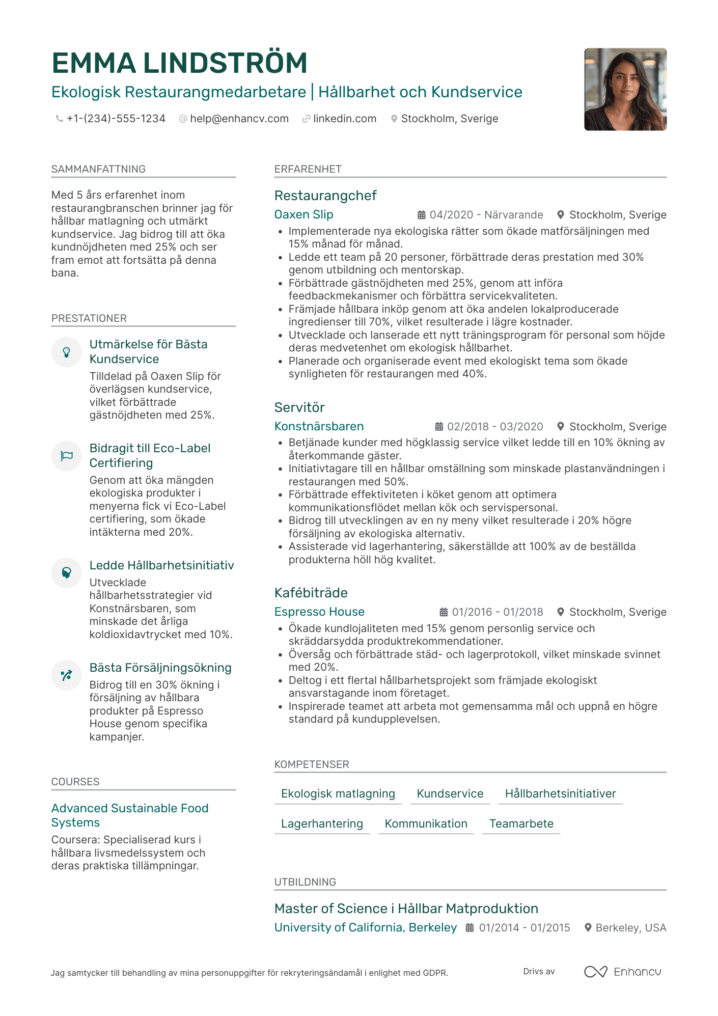 CV för Ekologisk Restaurangmedarbetare Resume Example