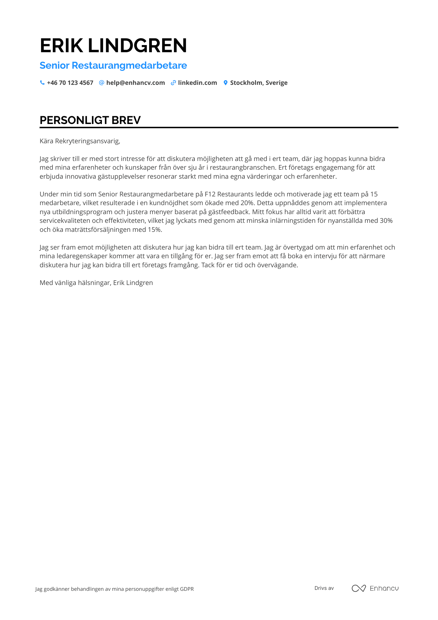 Personligt brev för Senior Restaurangmedarbetare Resume Example