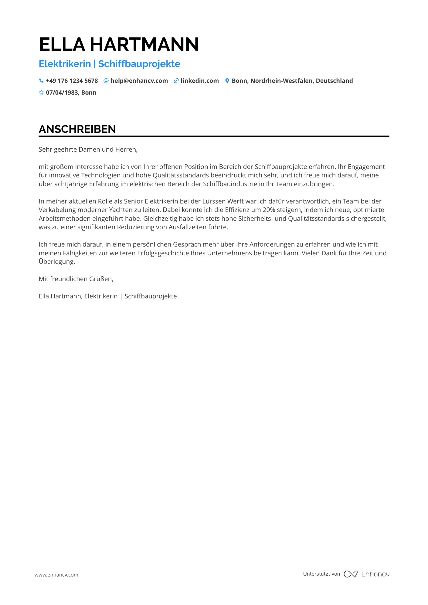 Elektriker in der Schiffbauindustrie Resume Example