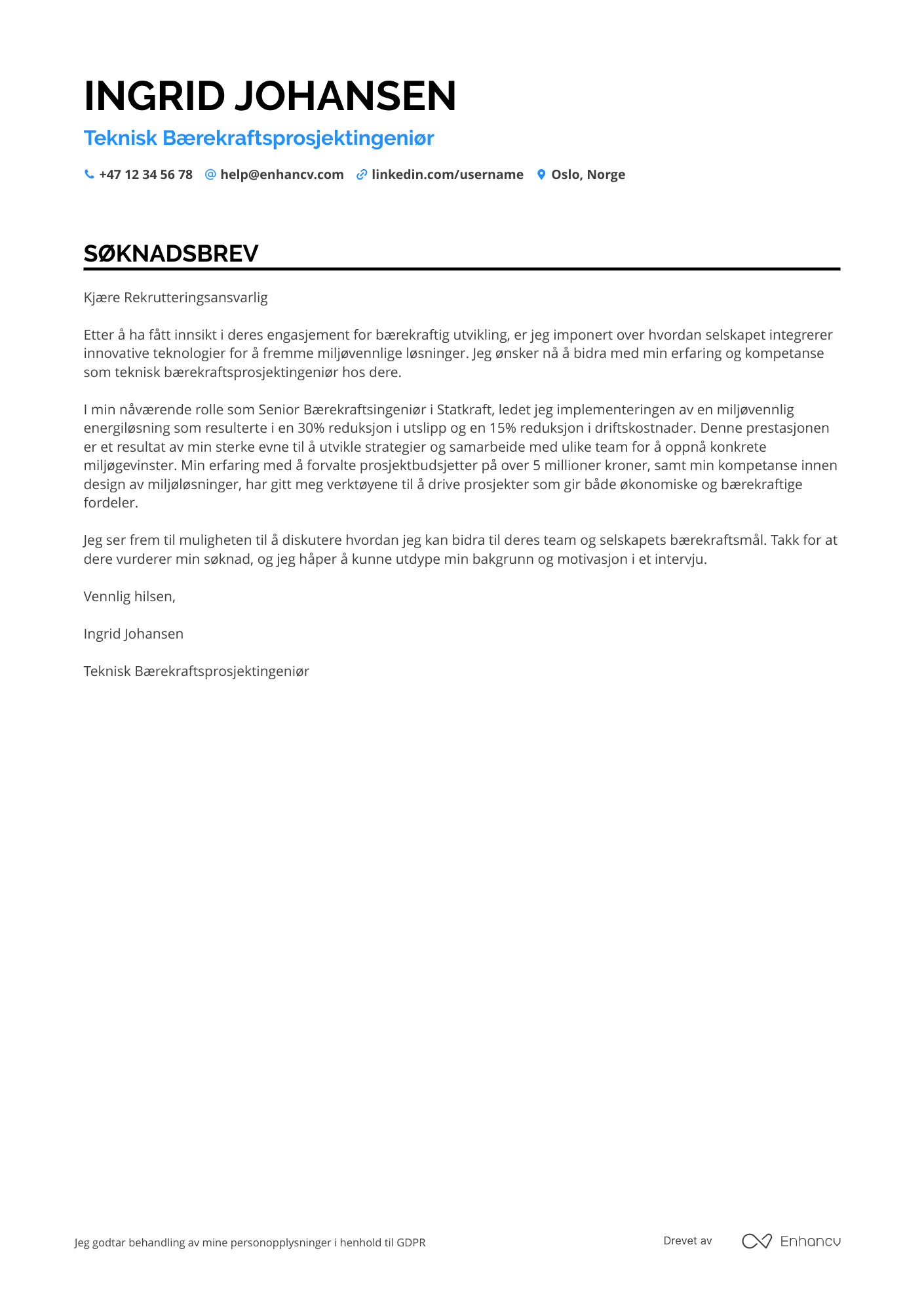 Søknadsbrev for Teknisk Bærekraftsprosjektingeniør Resume Example
