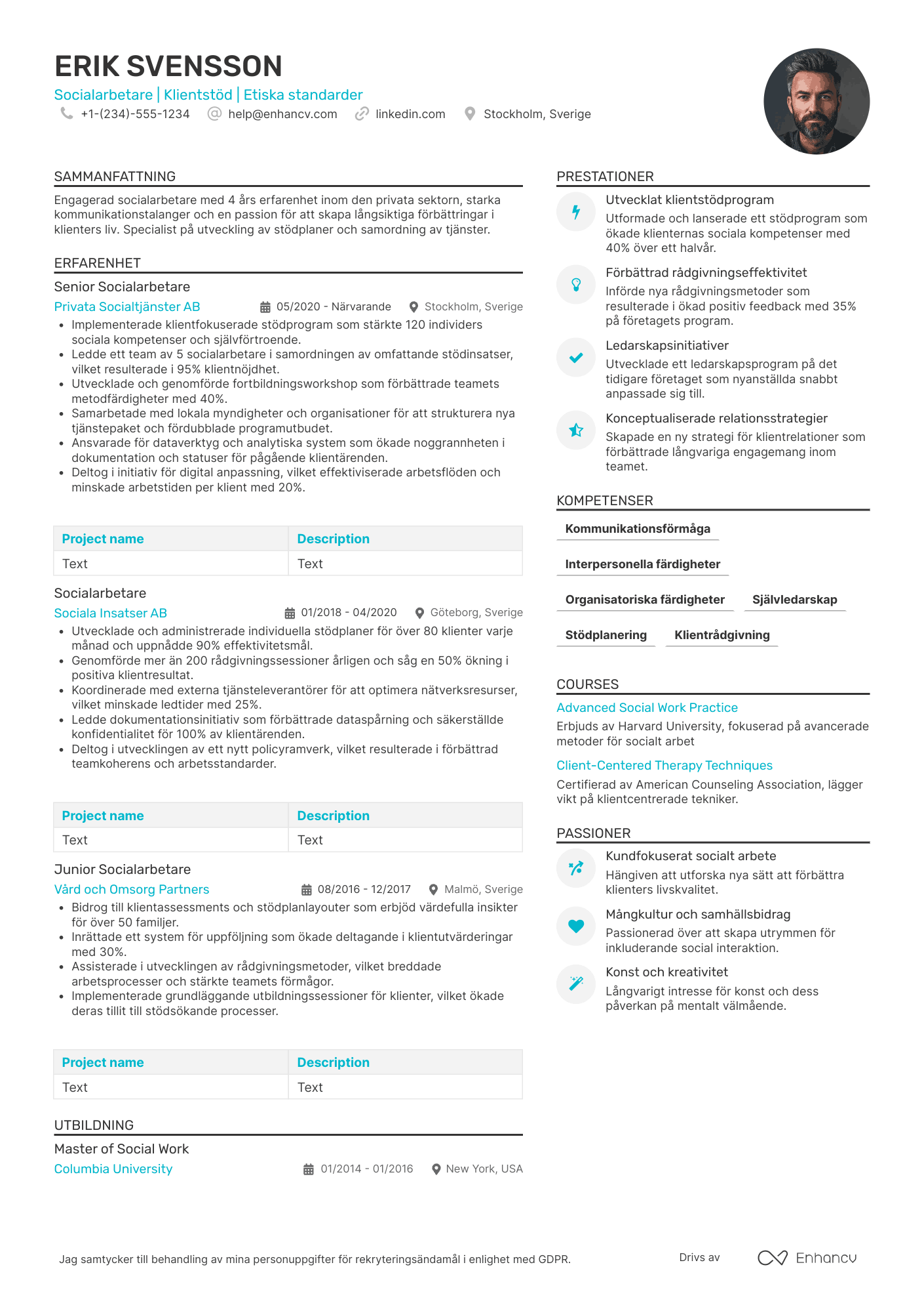 CV för Socialarbetare inom privat sektor Resume Example