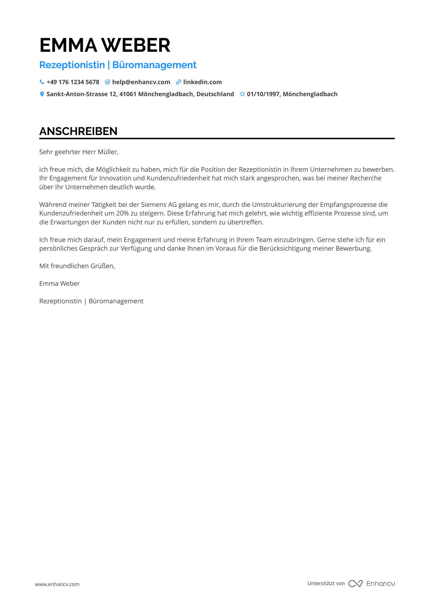 Rezeptionistin für Büromanagement Resume Example
