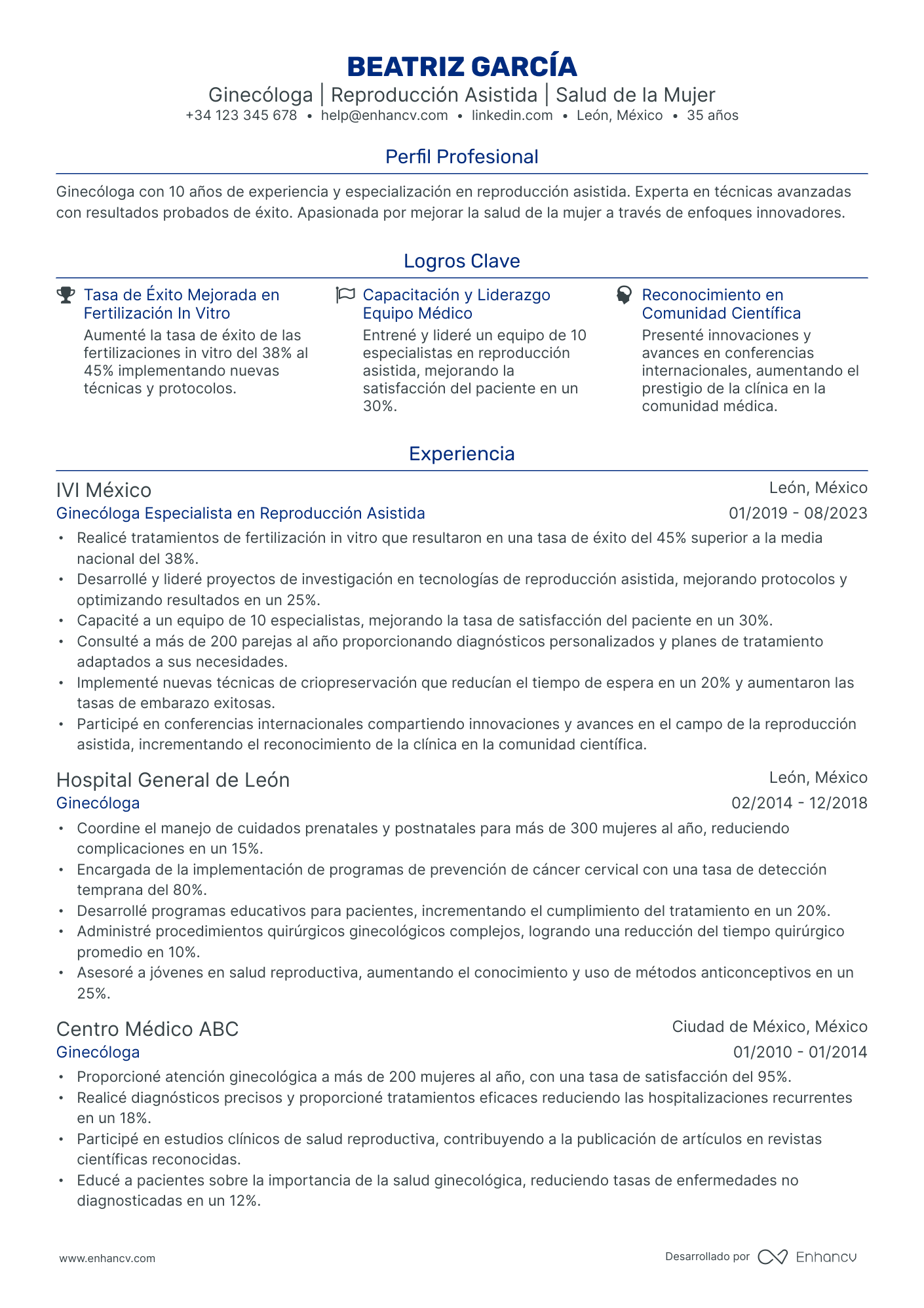 Médico Ginecólogo Resume Example