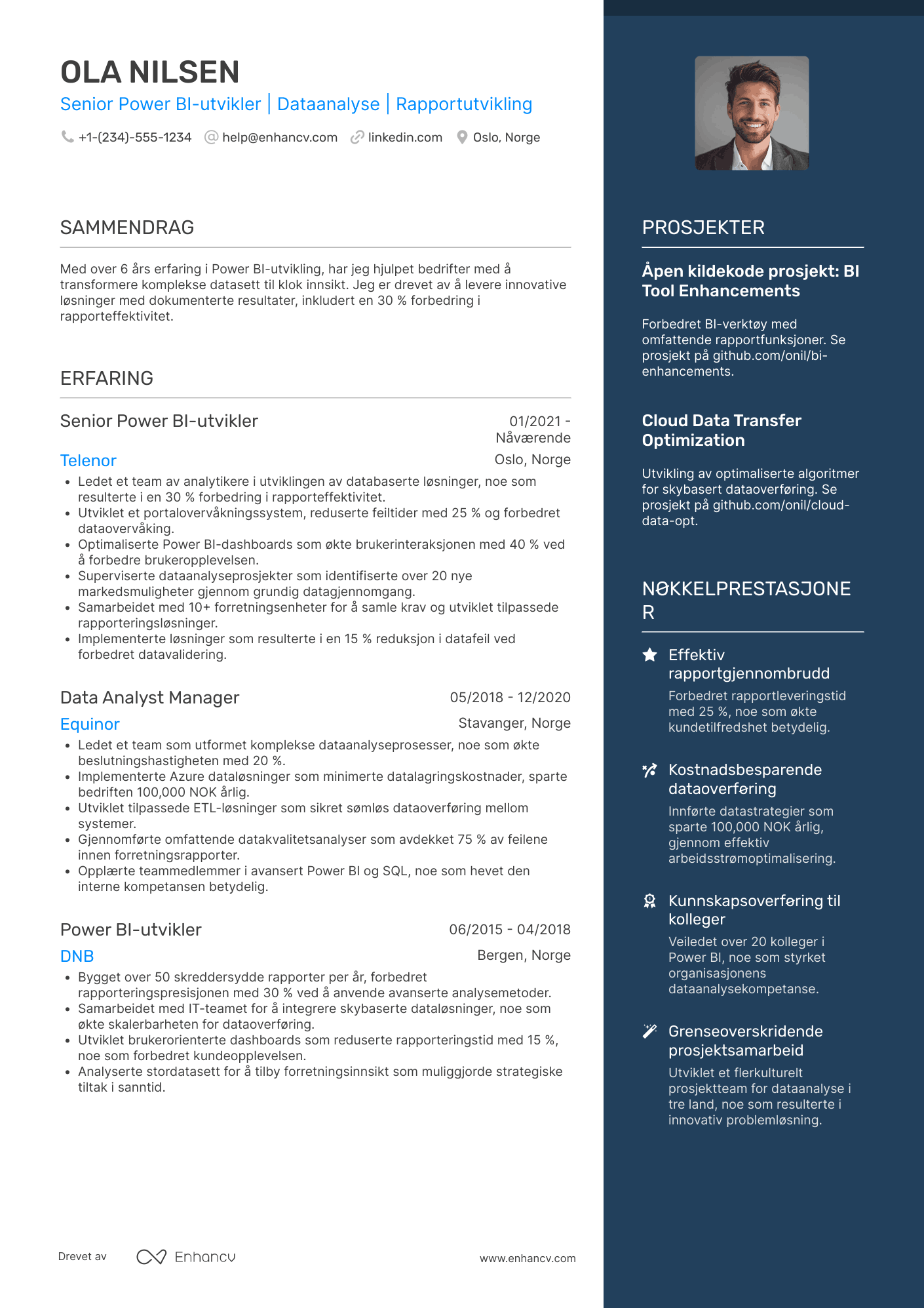 CV for Senior Power BI‑utvikler Resume Example
