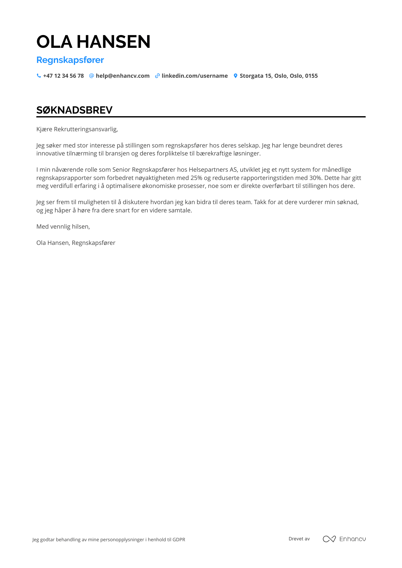 Søknadsbrev for Regnskapsfører i helsesektoren Resume Example