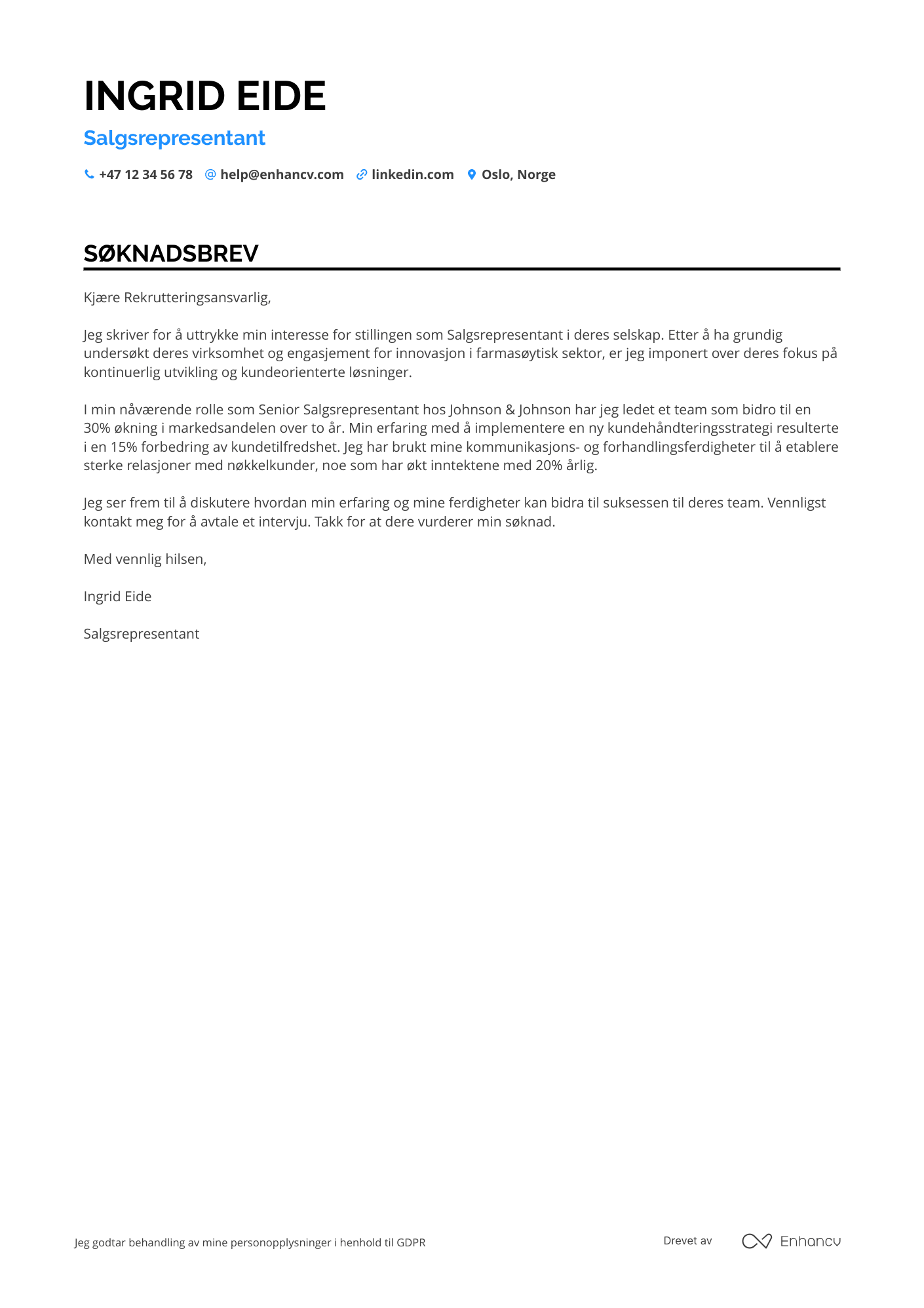 Søknadsbrev for Salgsrepresentant i legemiddelindustrien Resume Example