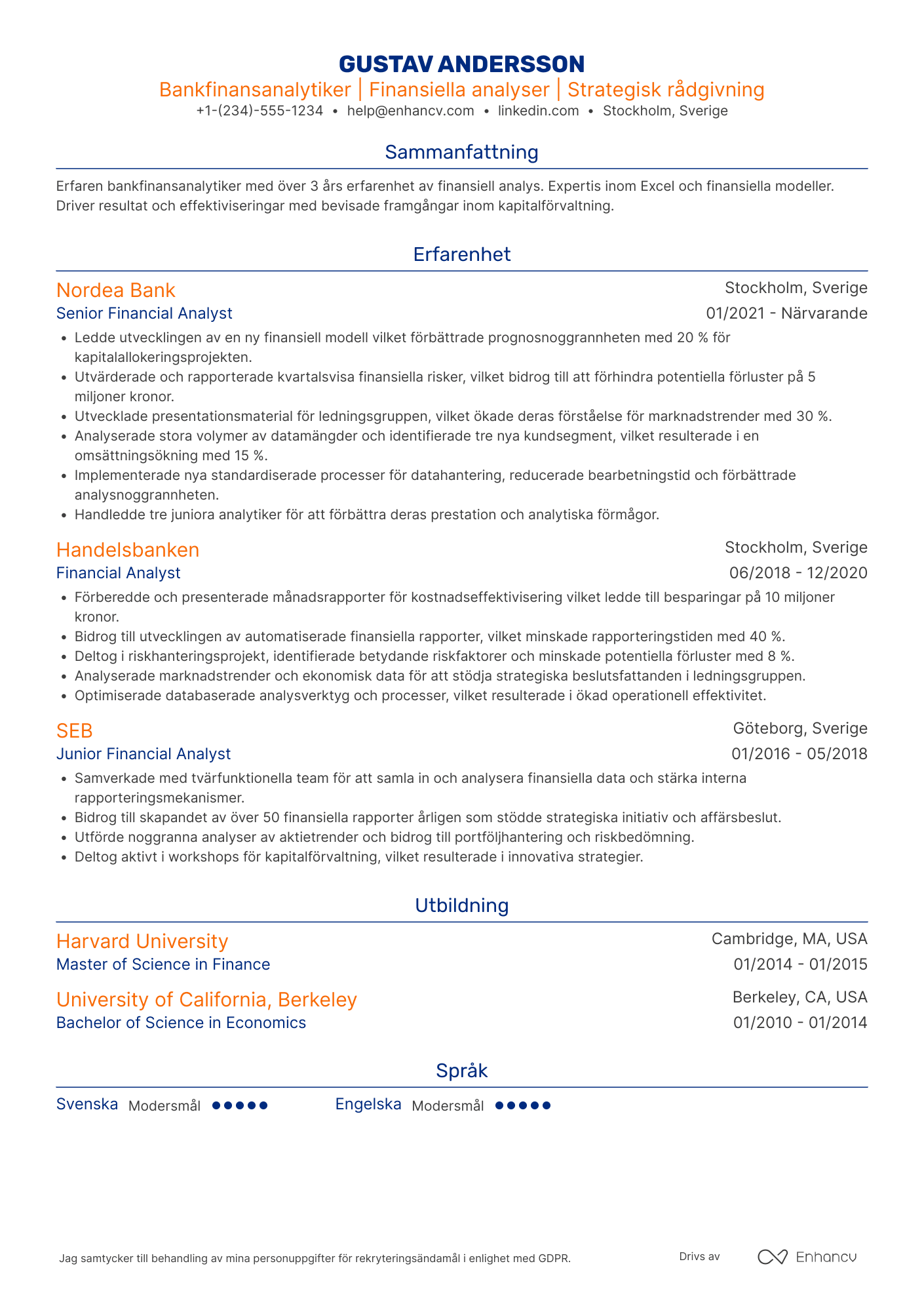 CV för Bankfinansanalytiker Resume Example
