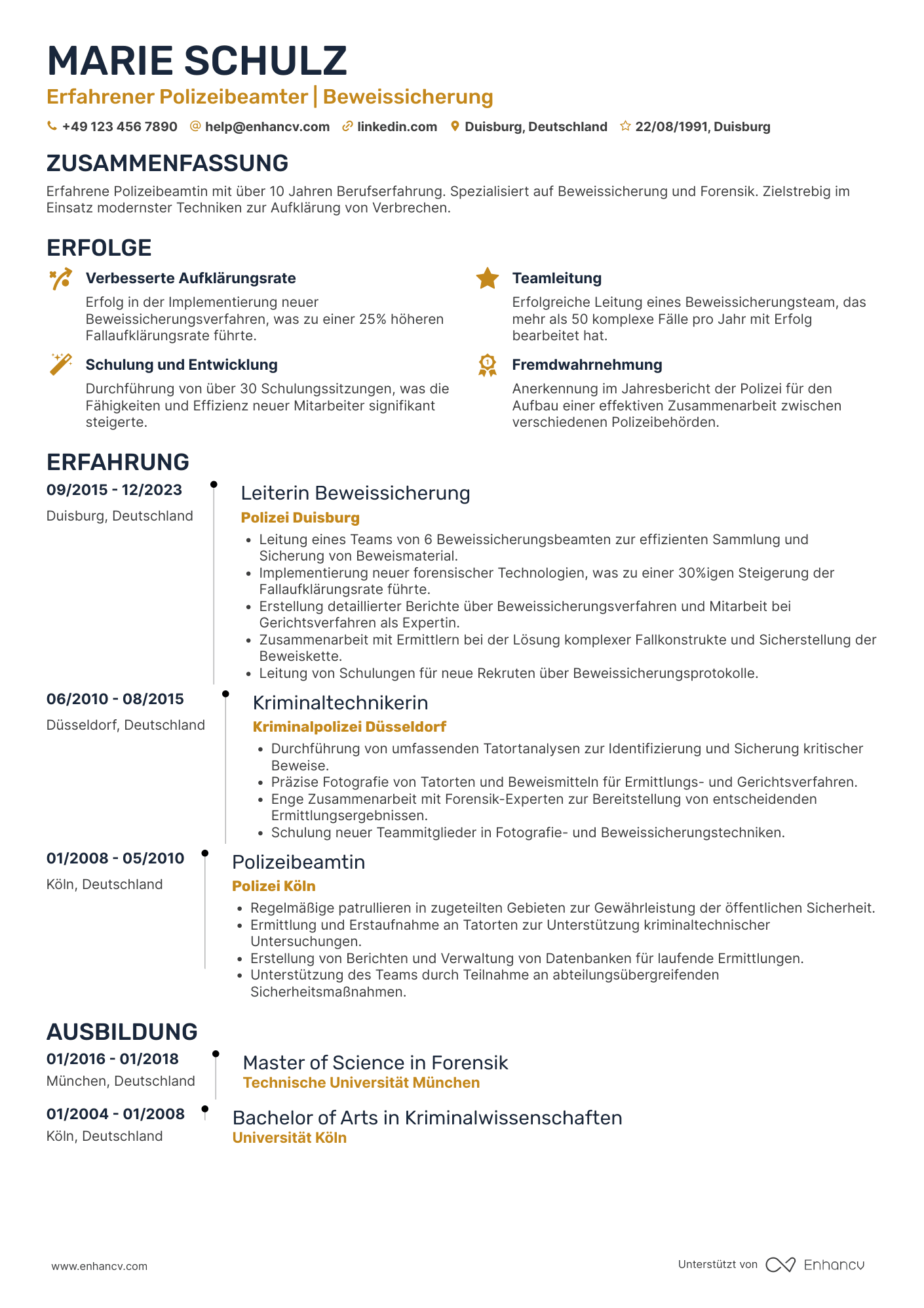 Lebenslauf als Polizei Beweissicherungsbeamter Resume Example