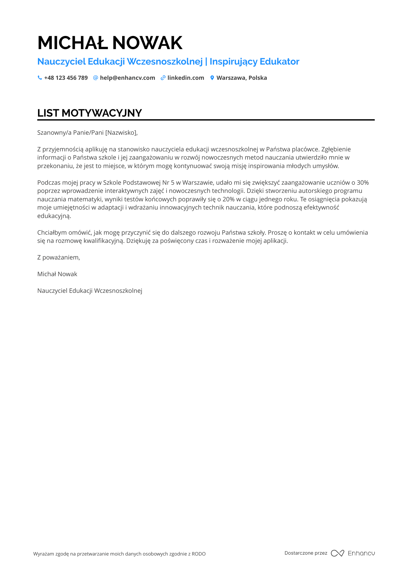 List motywacyjny dla Nauczyciel Edukacji Wczesnoszkolnej Pedagog Resume Example