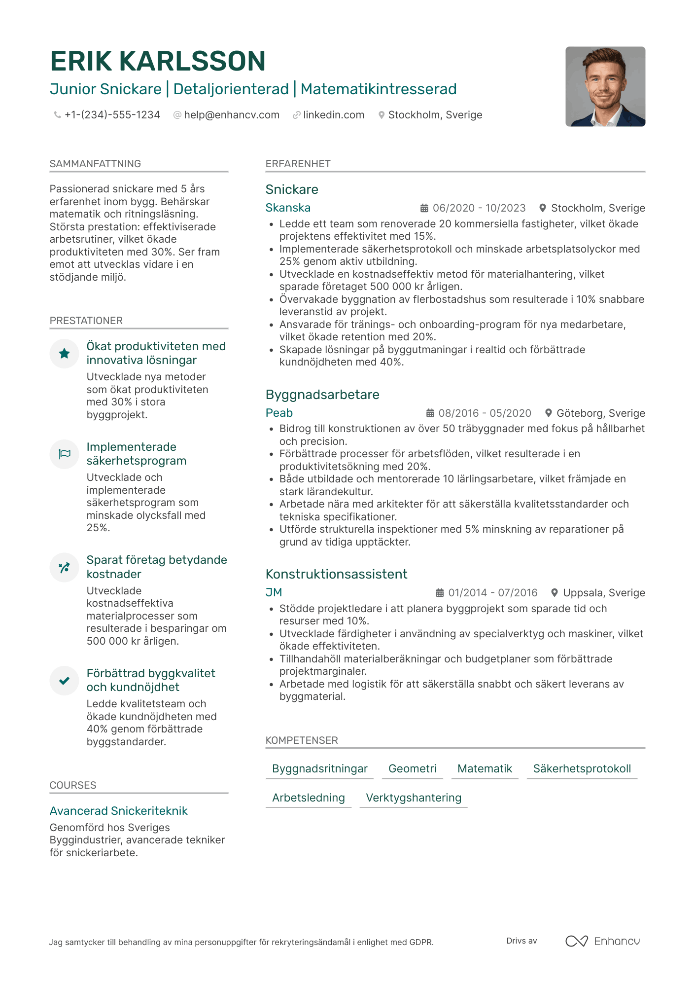 CV för Lärlings Snickare Resume Example