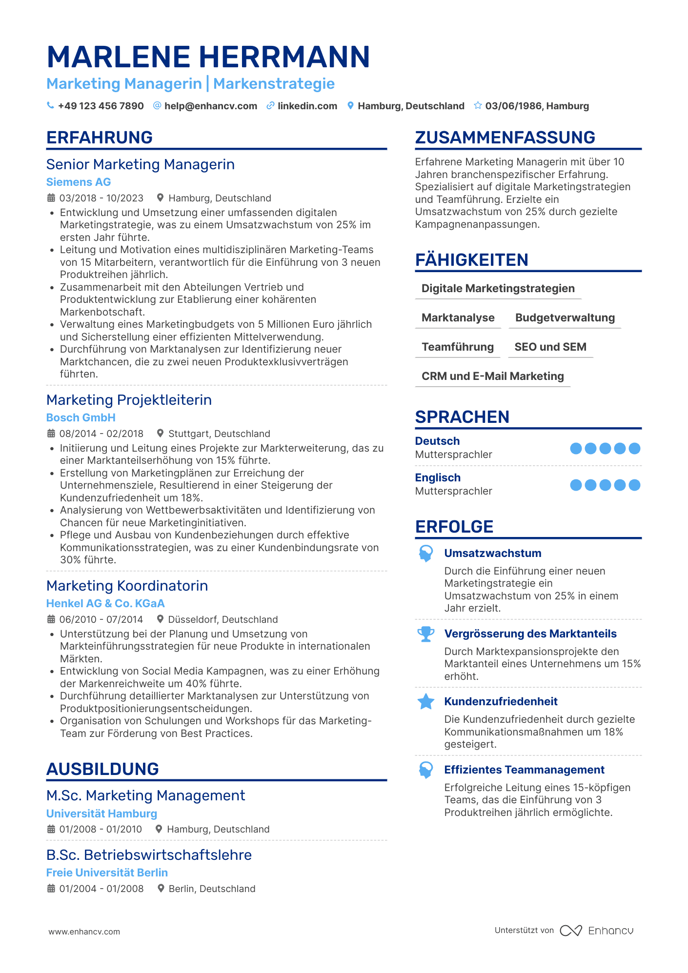 Lebenslauf als Marketing Manager mit langjähriger Erfahrung Resume Example
