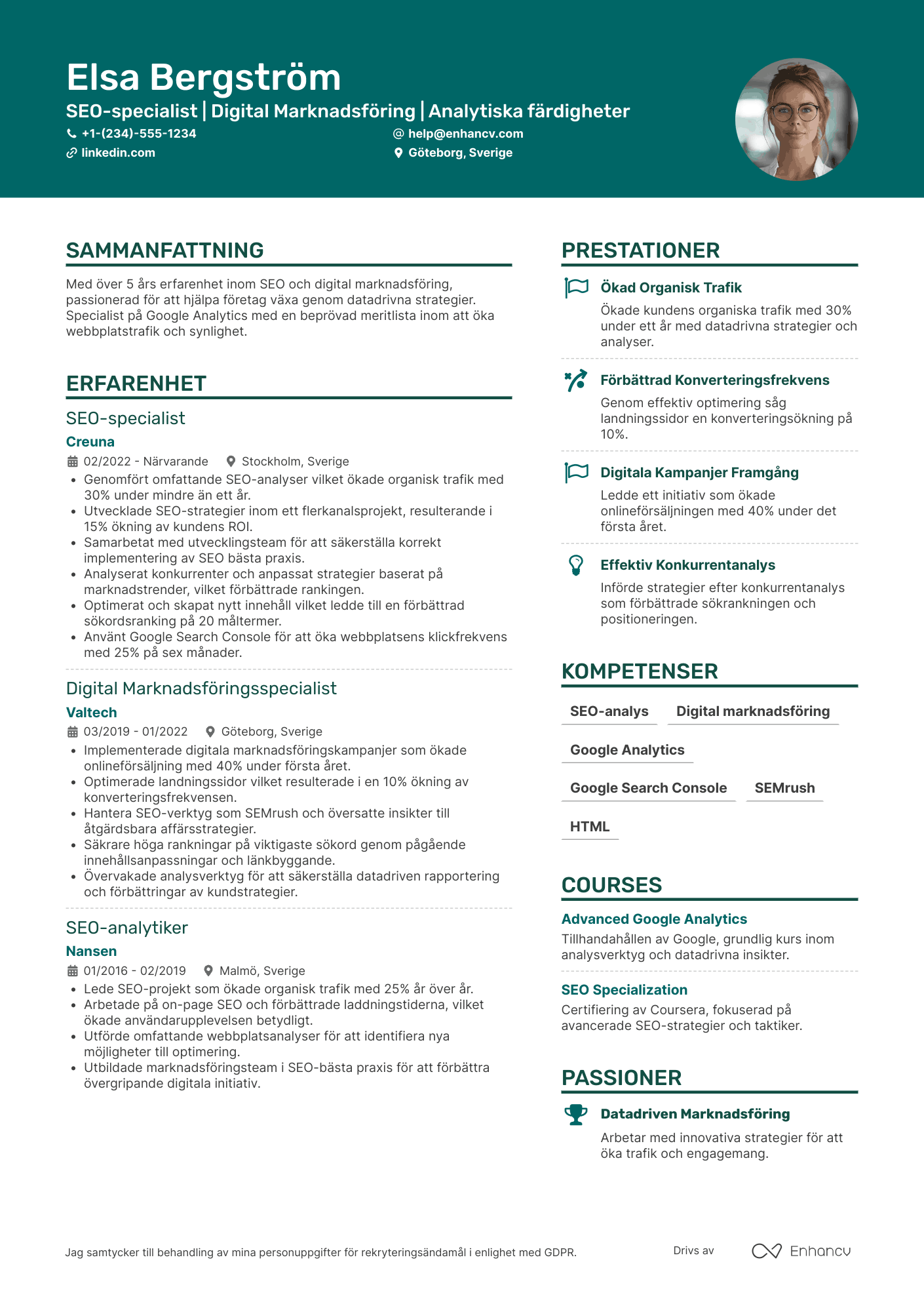 CV för SEO specialist Digital Marknadsförare Resume Example
