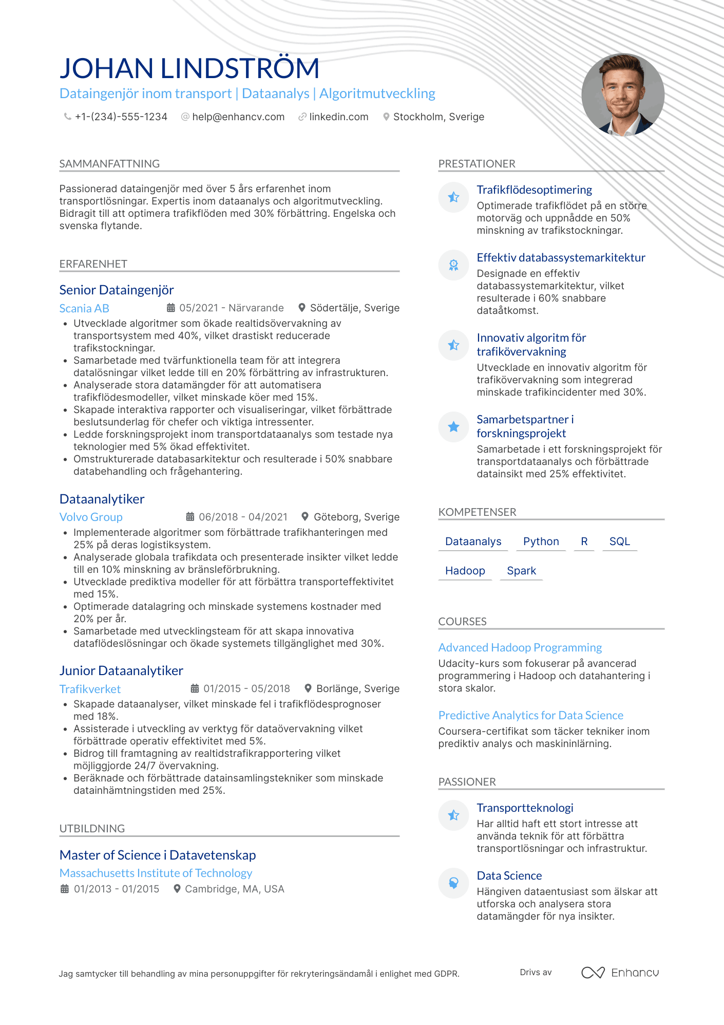 CV för Dataingenjör inom transport Resume Example