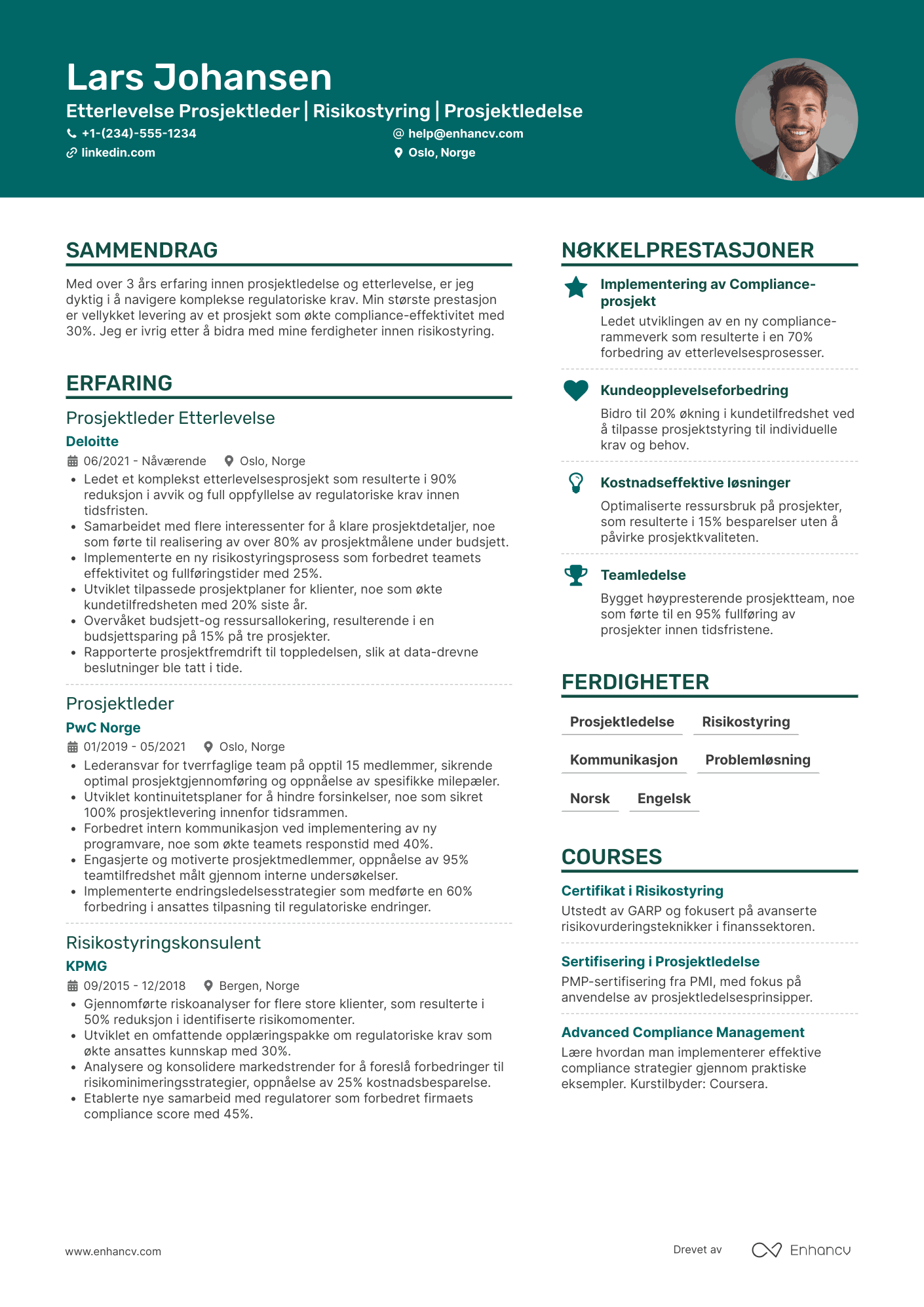 CV for Etterlevelse Prosjektleder Resume Example