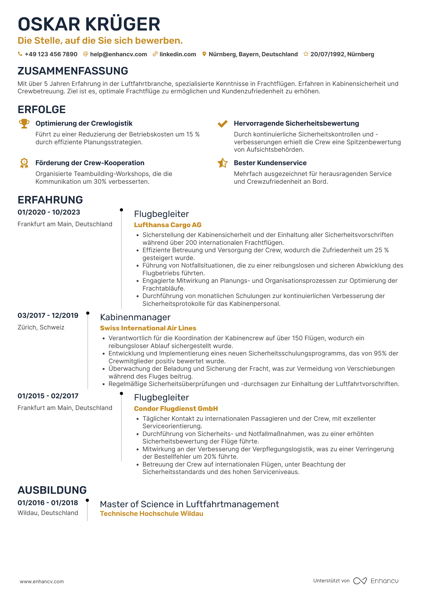 Lebenslauf in Flugbegleiter in der Frachtflugbranche Resume Example