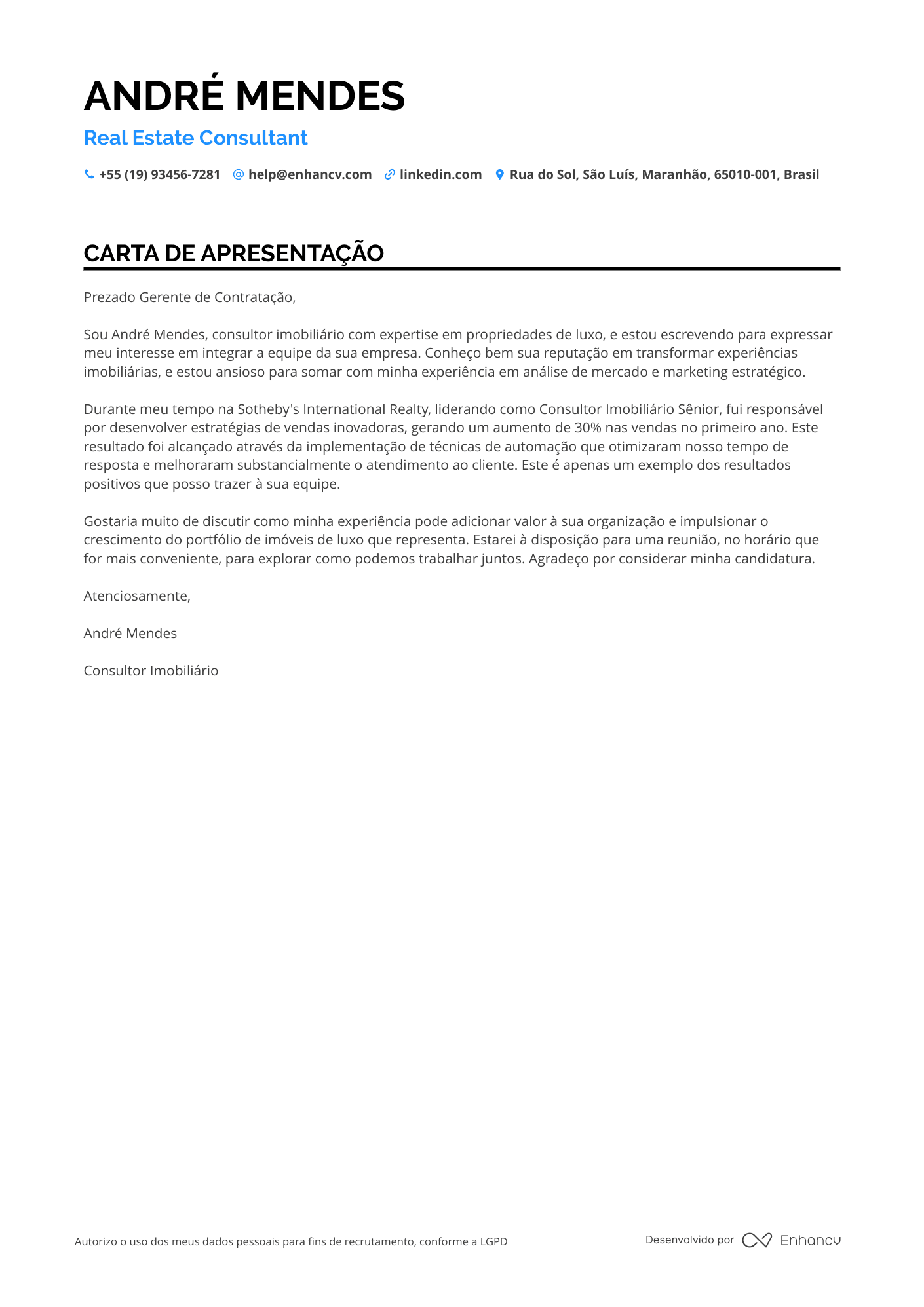 Consultor de Vendas Meio período Resume Example
