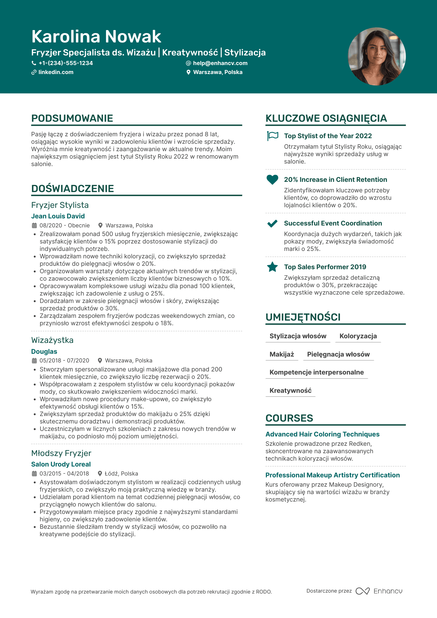 CV dla Fryzjer Specjalista ds. Wizażu Resume Example
