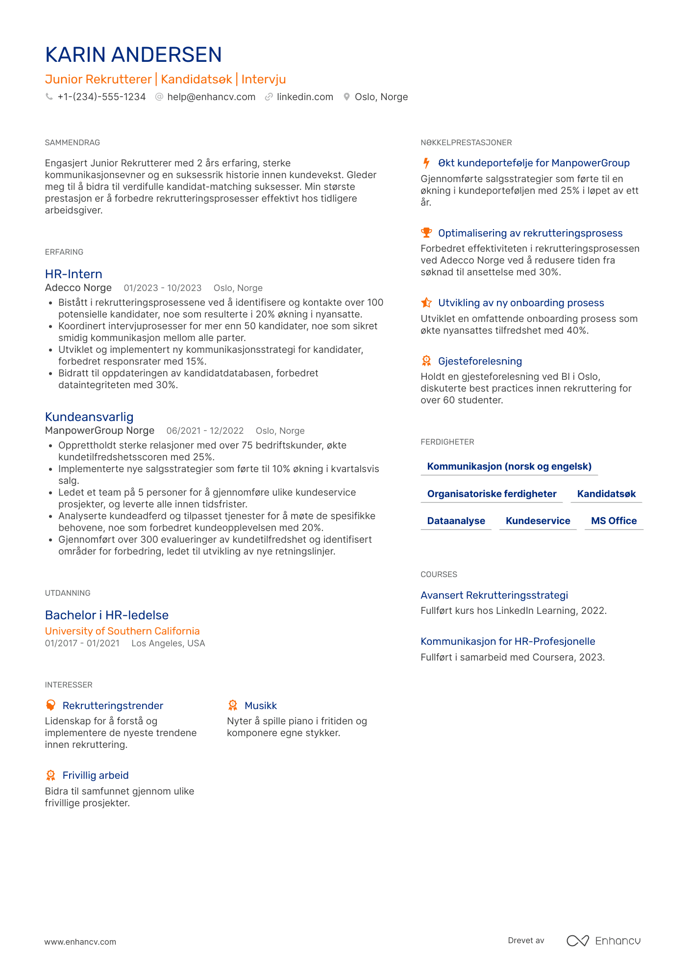 CV for Junior Rekrutterer Resume Example