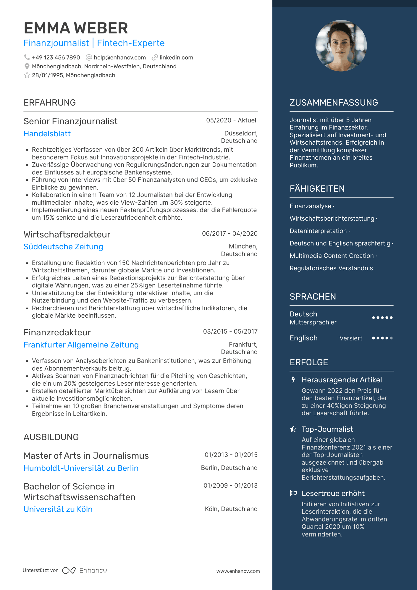 Lebenslauf in Finanzindustrie Journalist Resume Example
