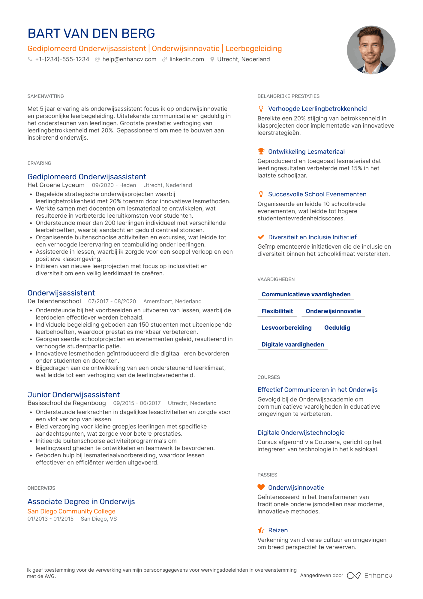 CV voor Gediplomeerd Onderwijsassistent Resume Example