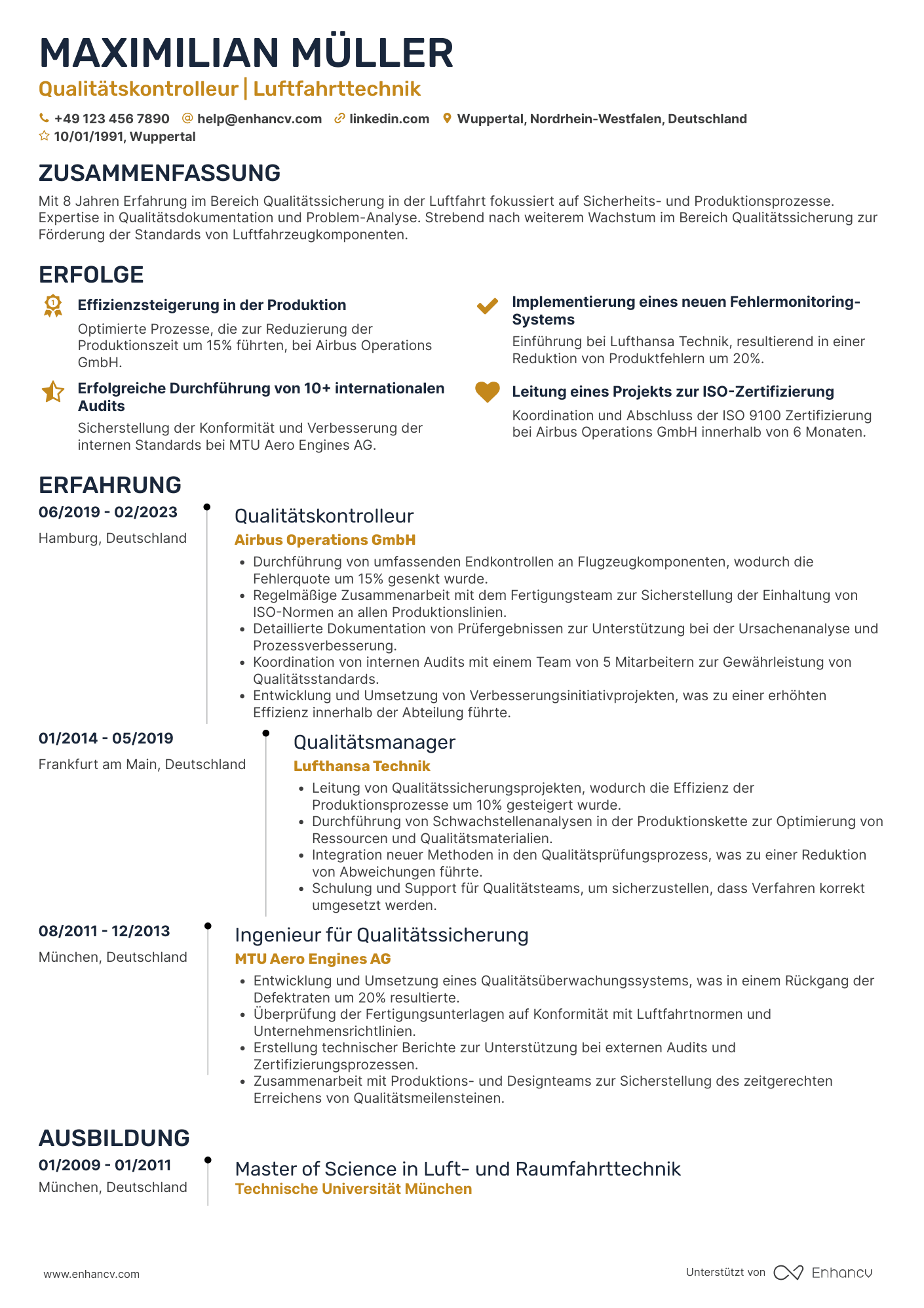 Lebenslauf in Qualitätskontrolleur in der Luftfahrtindustrie Resume Example