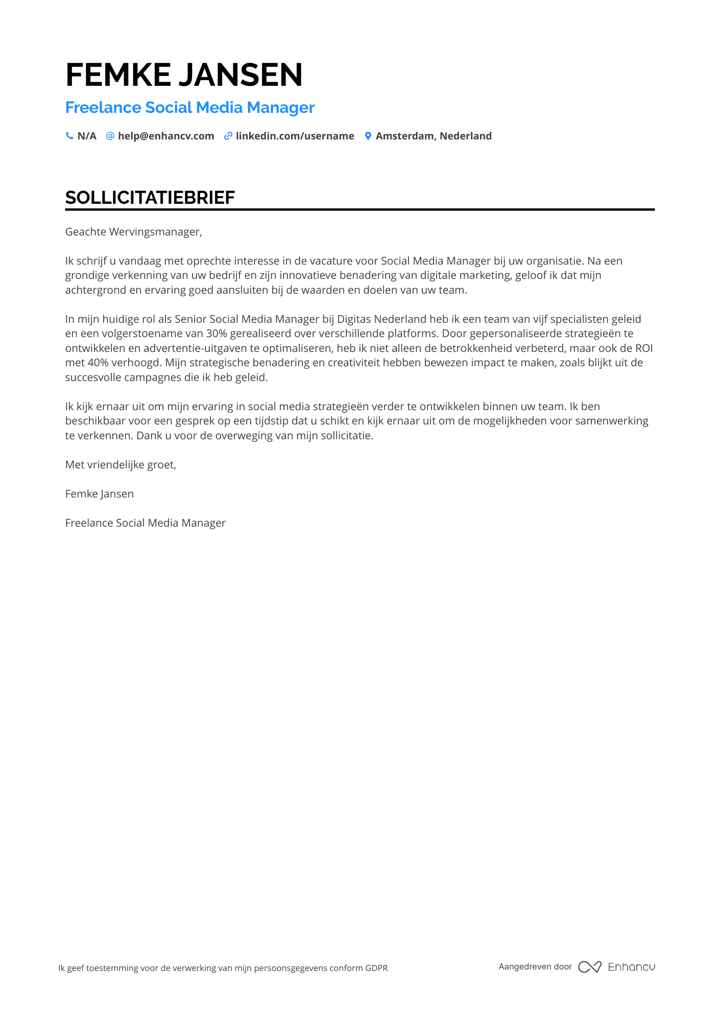 Sollicitatiebrief voor Freelance Social Media Manager Resume Example