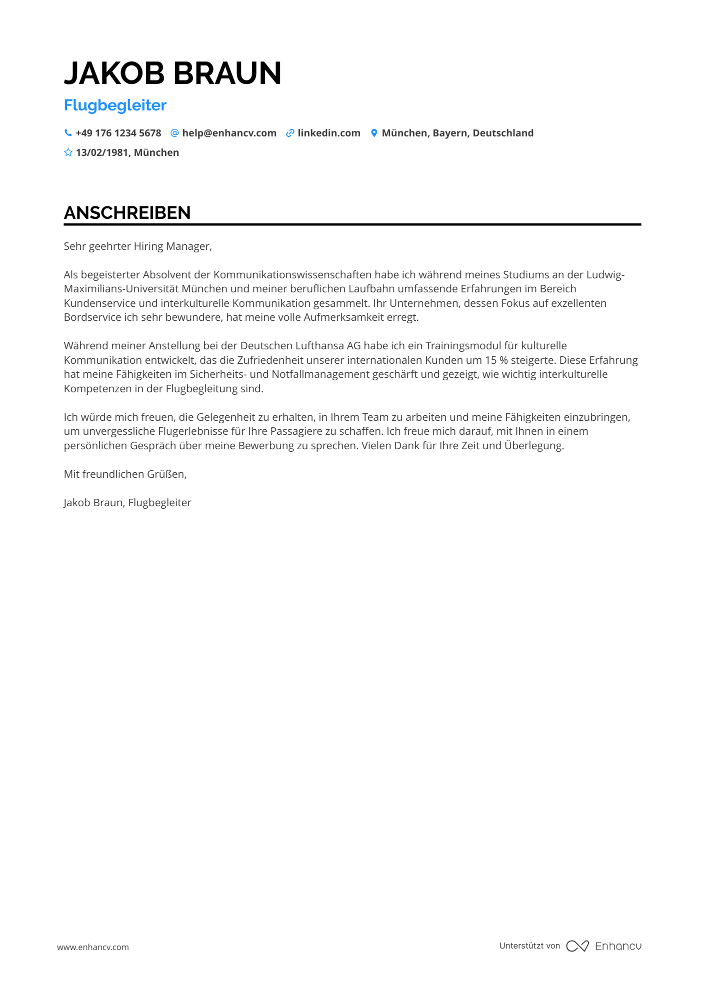 Flugbegleiter für internationale Flüge Resume Example