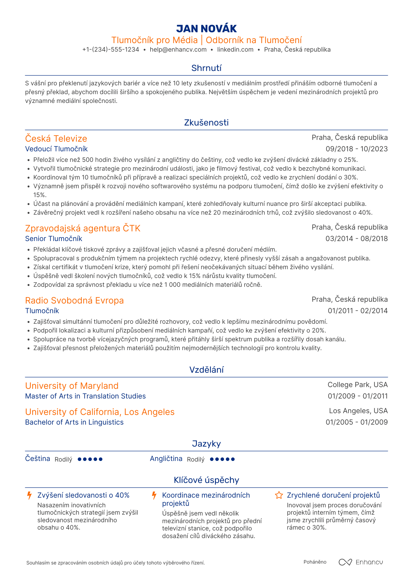 Životopis pro Tlumočník pro média Resume Example