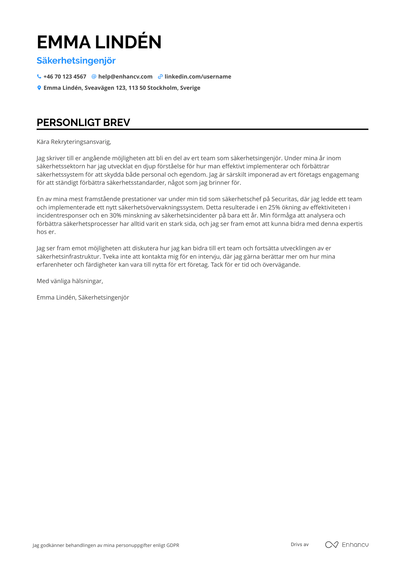 Personligt brev för Säkerhetsingenjör Resume Example