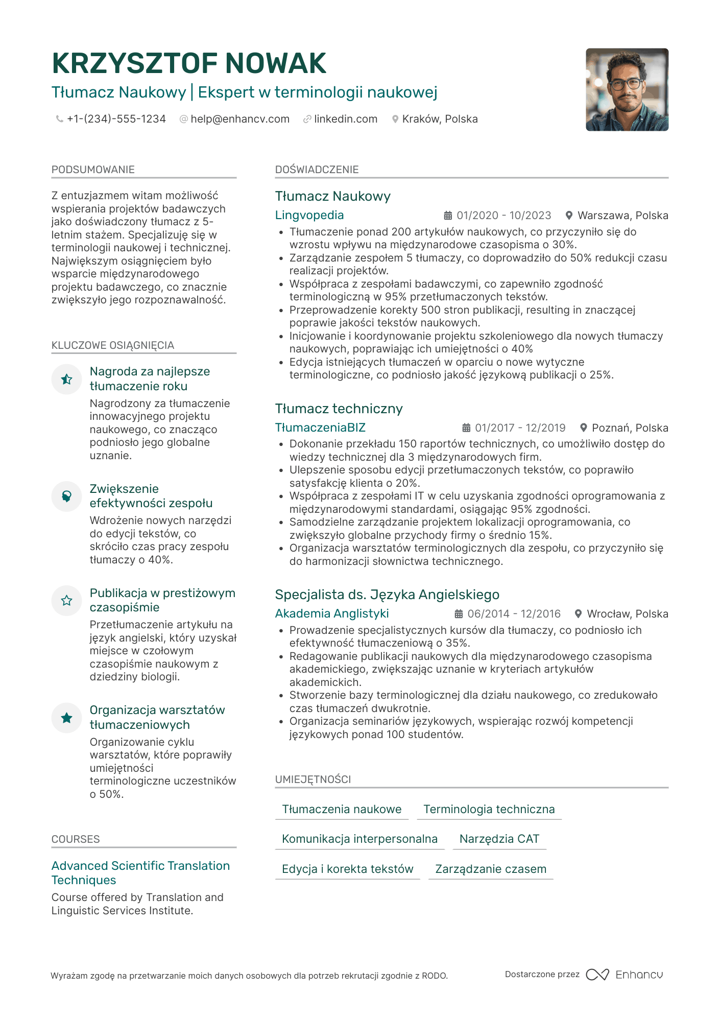 CV dla Tłumacz Naukowy Resume Example