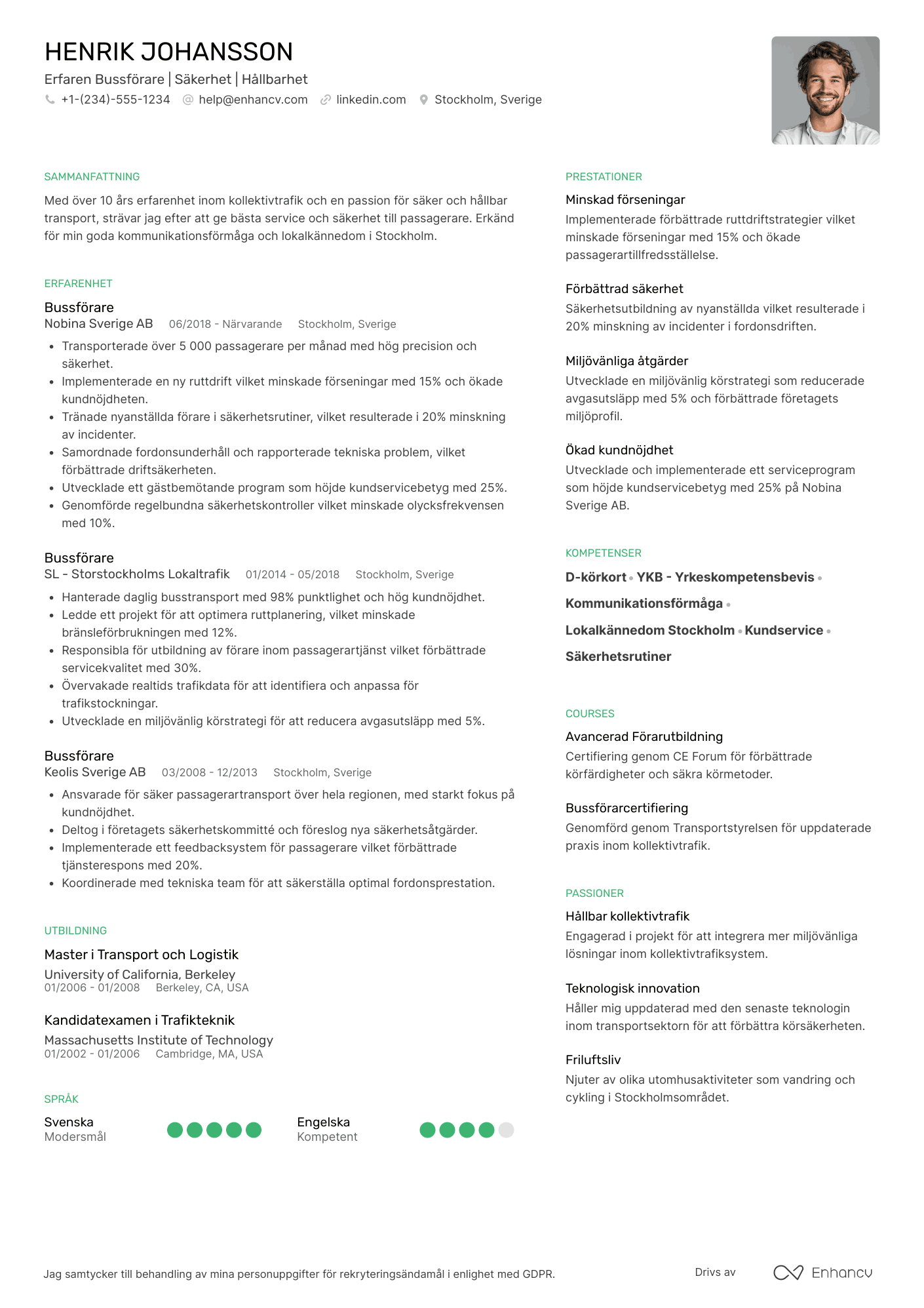 CV för Erfaren Bussförare Resume Example