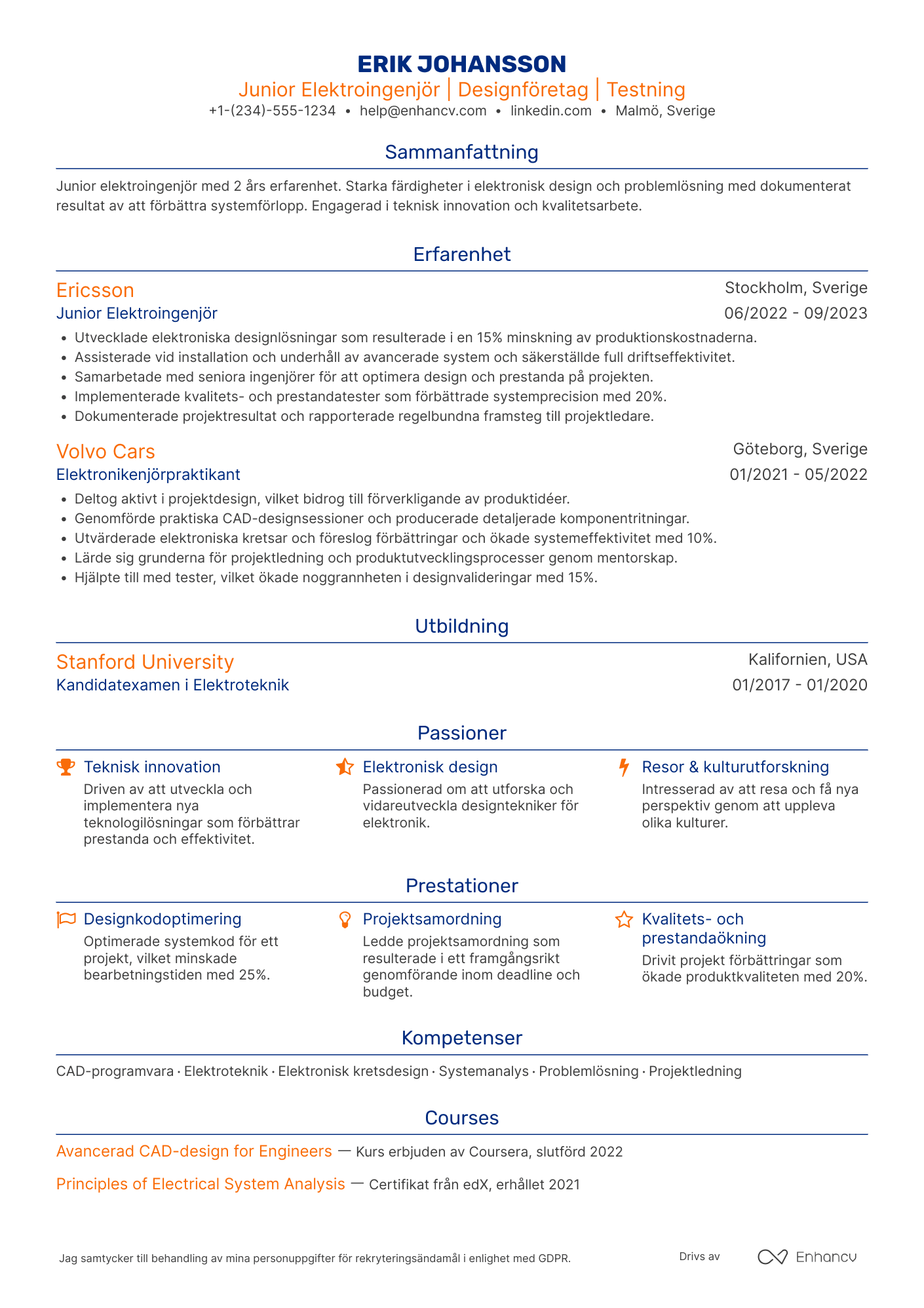 CV för Junior elektroingenjör Resume Example