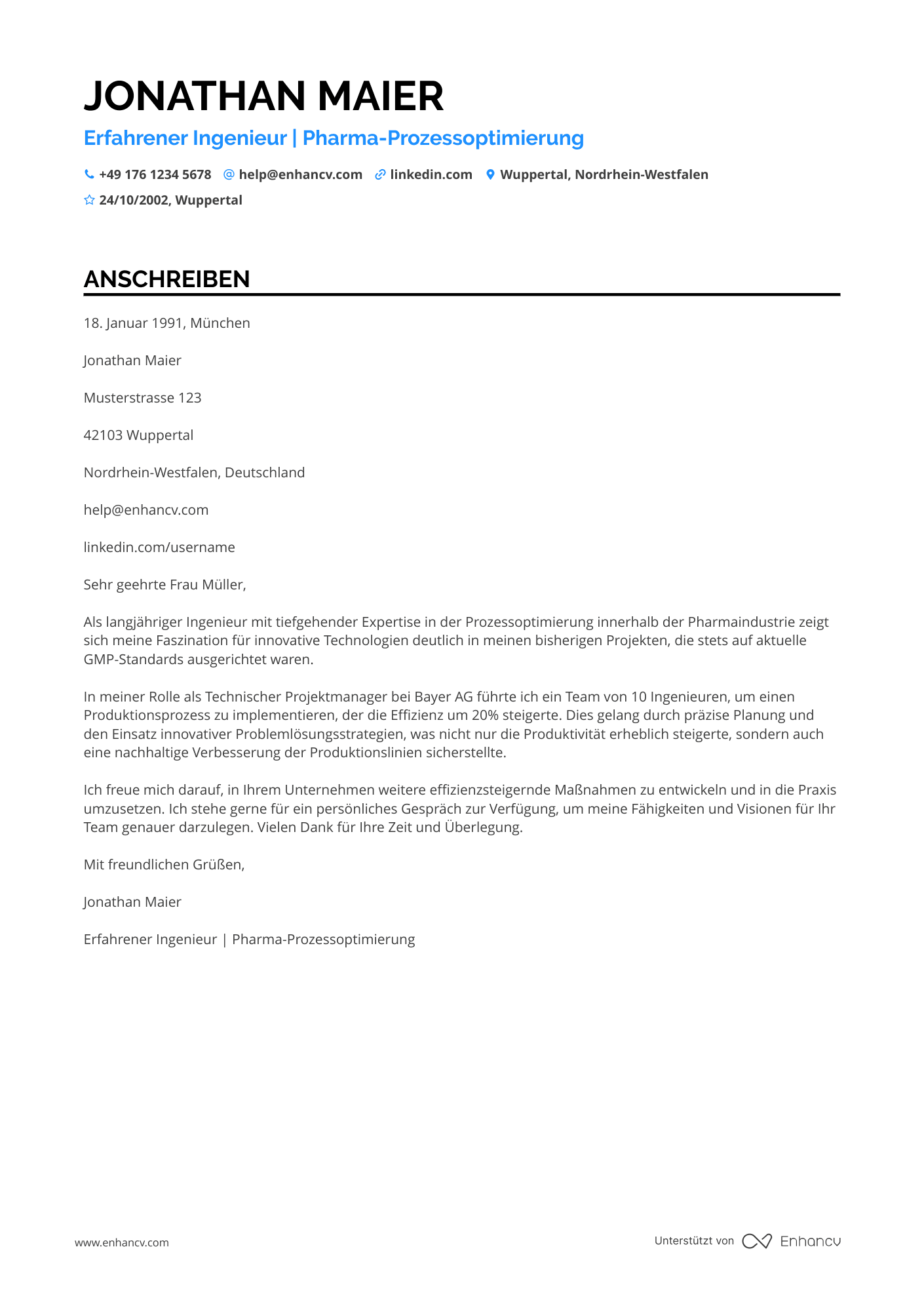 Technischer Leiter in der Pharmaindustrie Resume Example