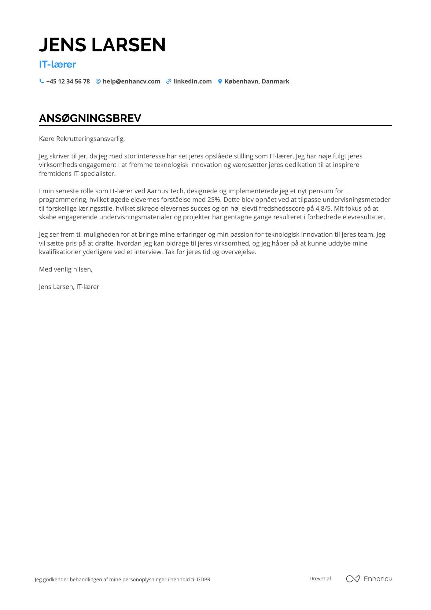 Ansøgningsbrev til IT lærer Resume Example