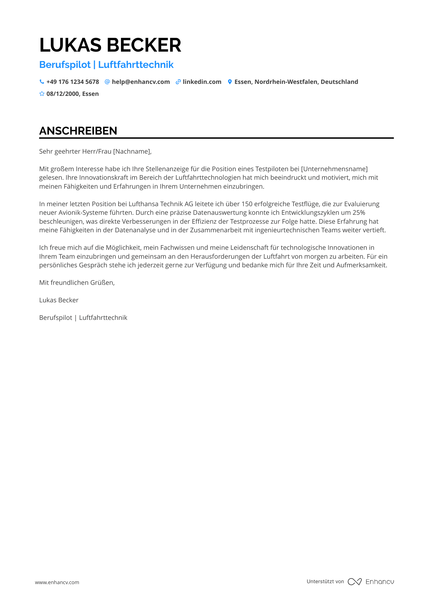 Pilot für Luftfahrttechnikunternehmen Resume Example