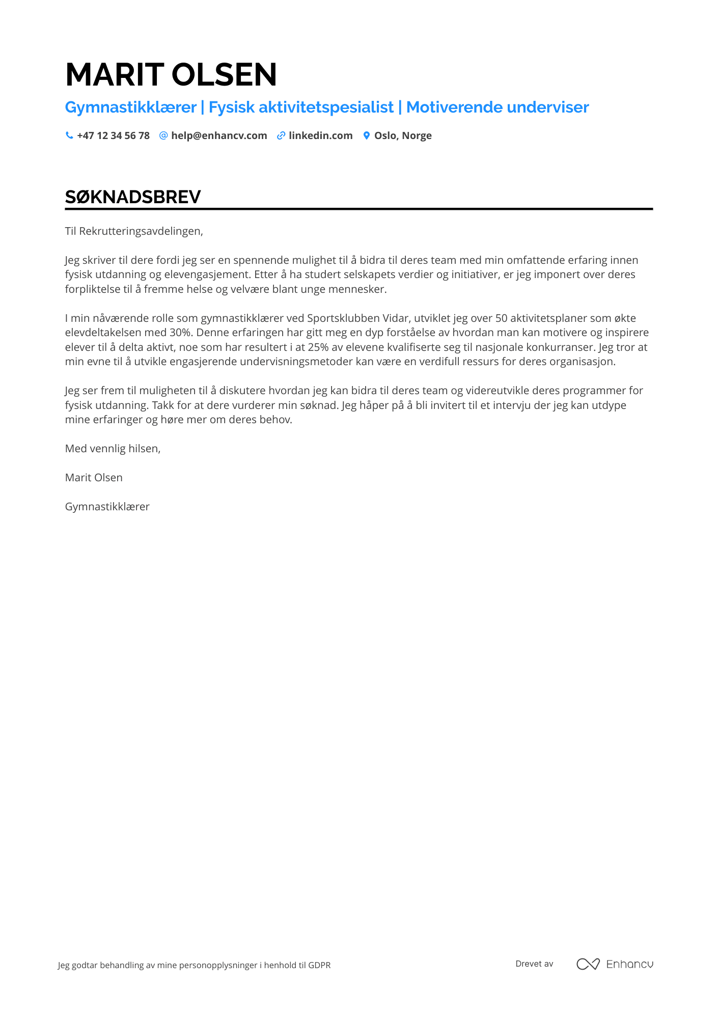 Søknadsbrev for Gymnastikklærer Resume Example