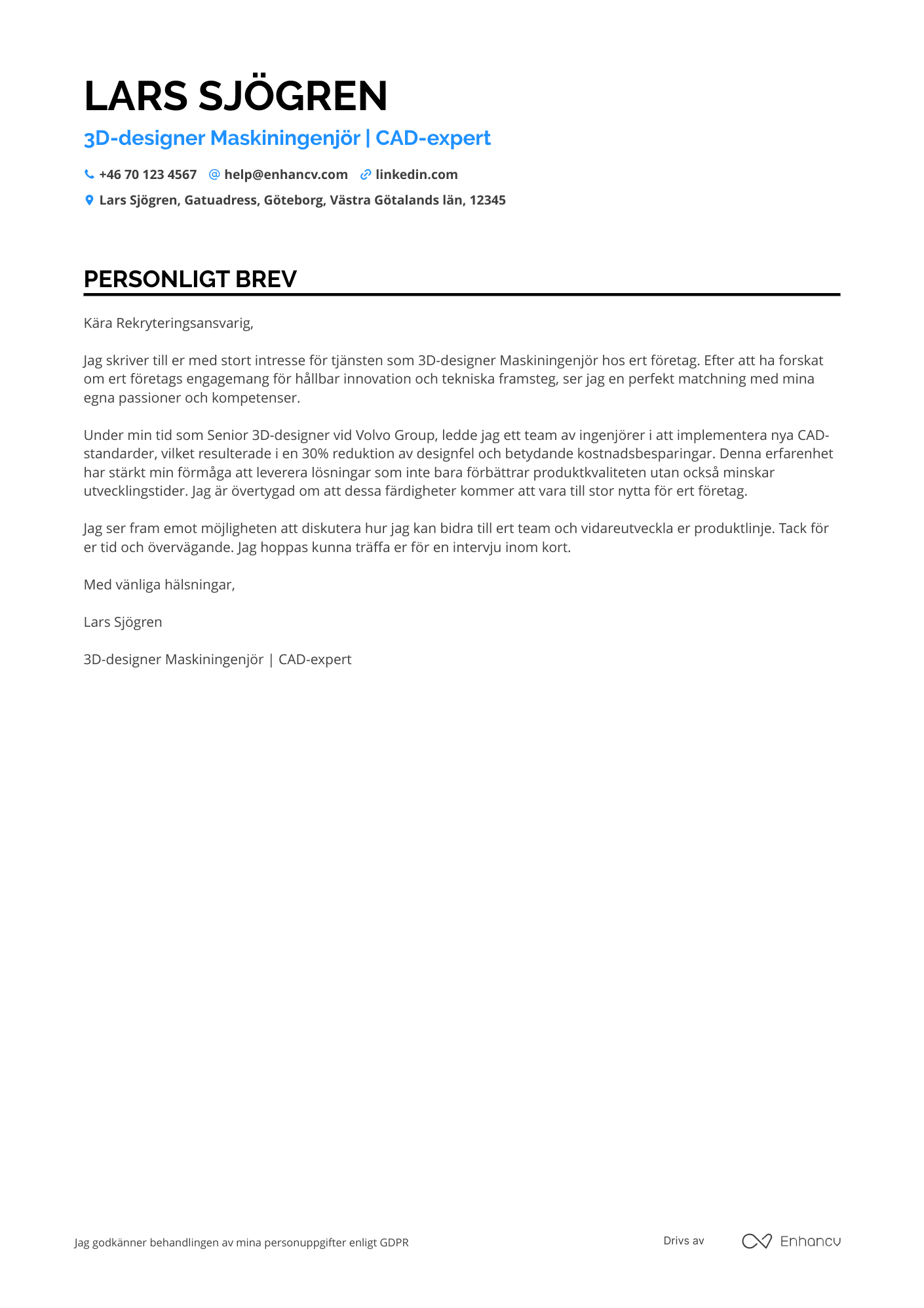 Personligt brev för 3D designer Maskiningenjör Resume Example