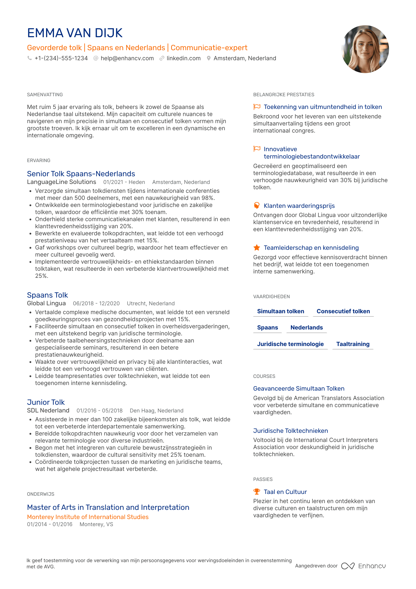 CV voor Spaans Gevorderde Tolk Resume Example